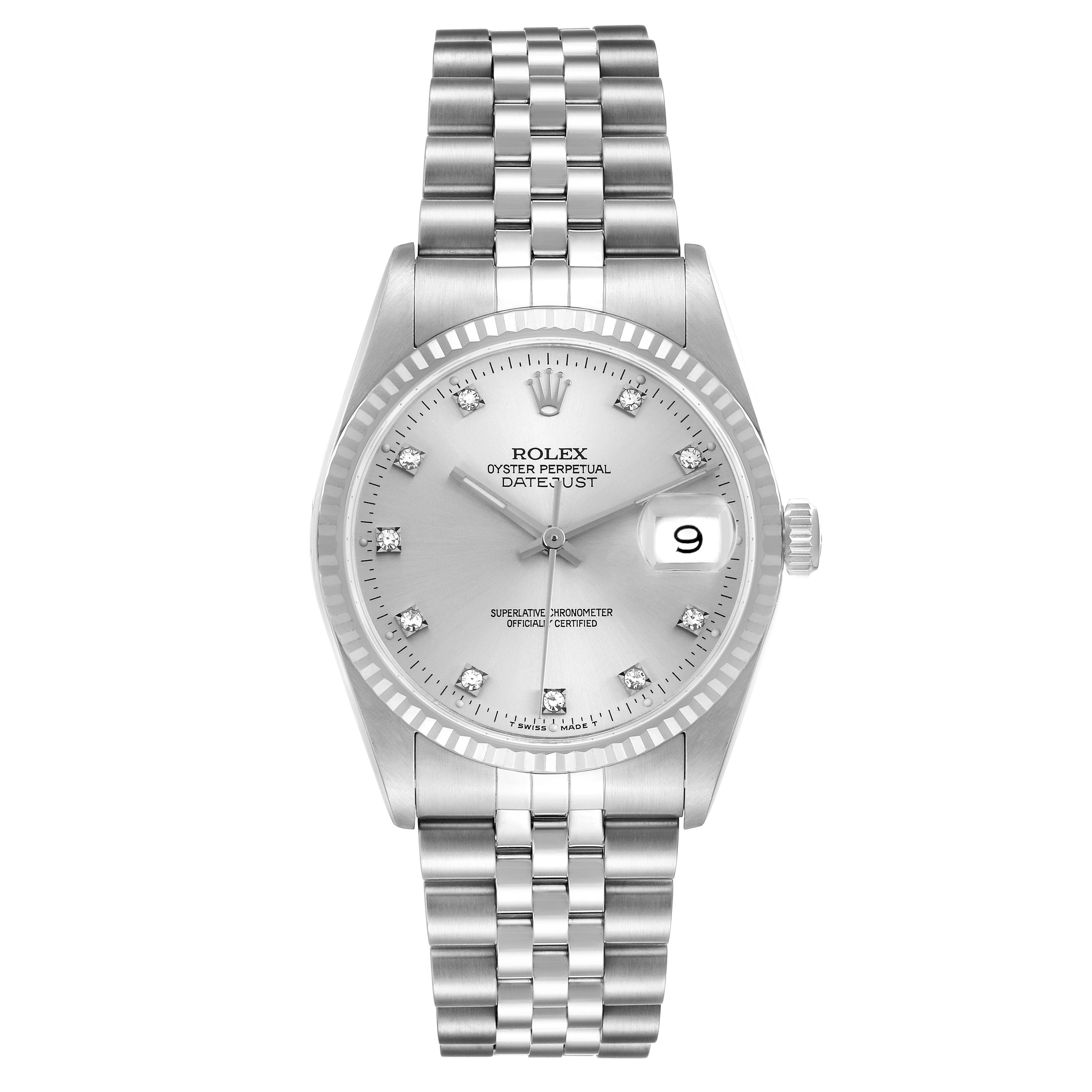 The Rolex Datejust 16234 Men
s Stainless Steel Silver Dial 16234 Men
s Stainless Steel Silver Dial is shown from the front, displaying its face, bezel, crown, and full bracelet.