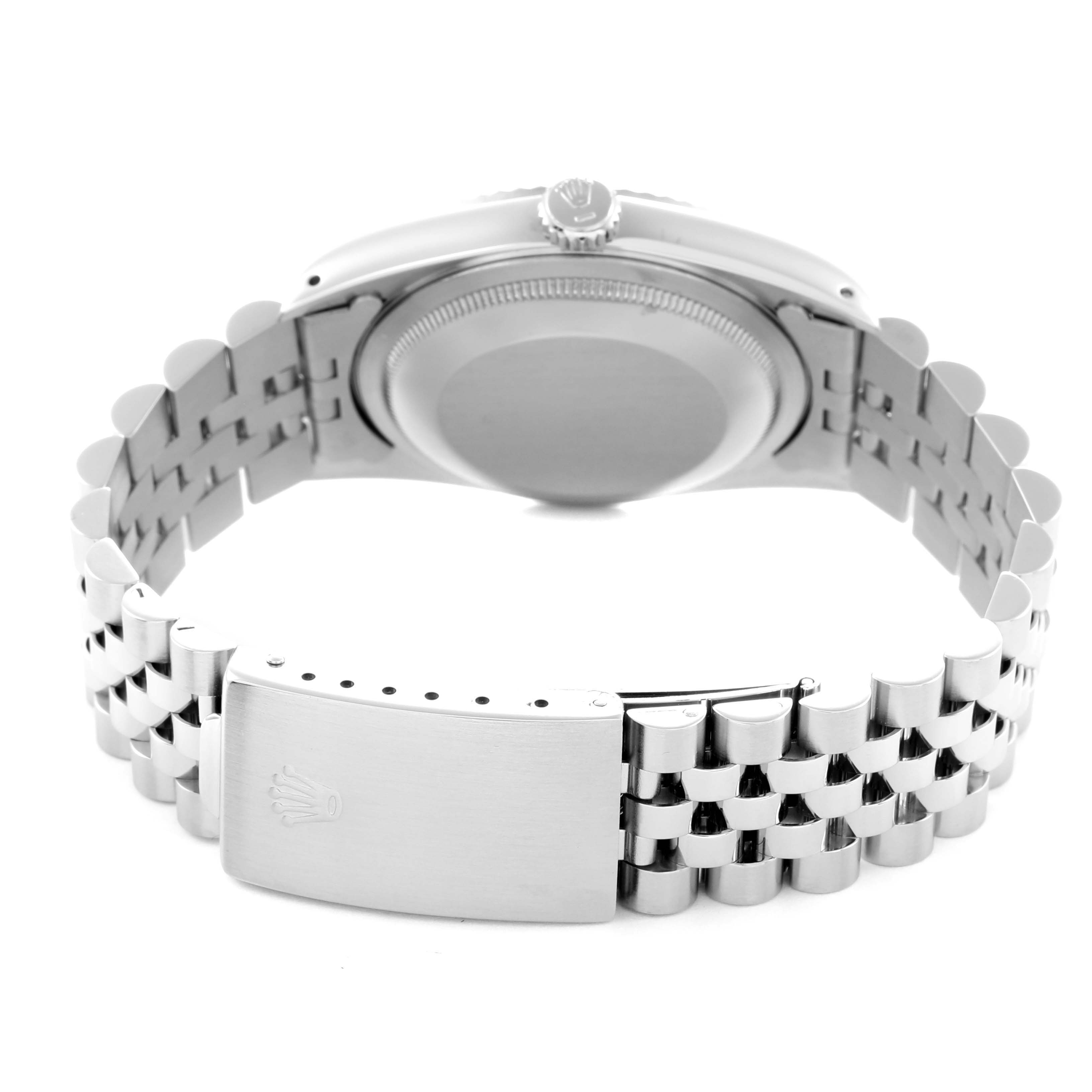 The image shows the back of a Rolex Datejust 16234 Men
s Stainless Steel Silver Dial 16234 Men
s Stainless Steel Silver Dial watch, including the caseback, crown, and jubilee bracelet with clasp.