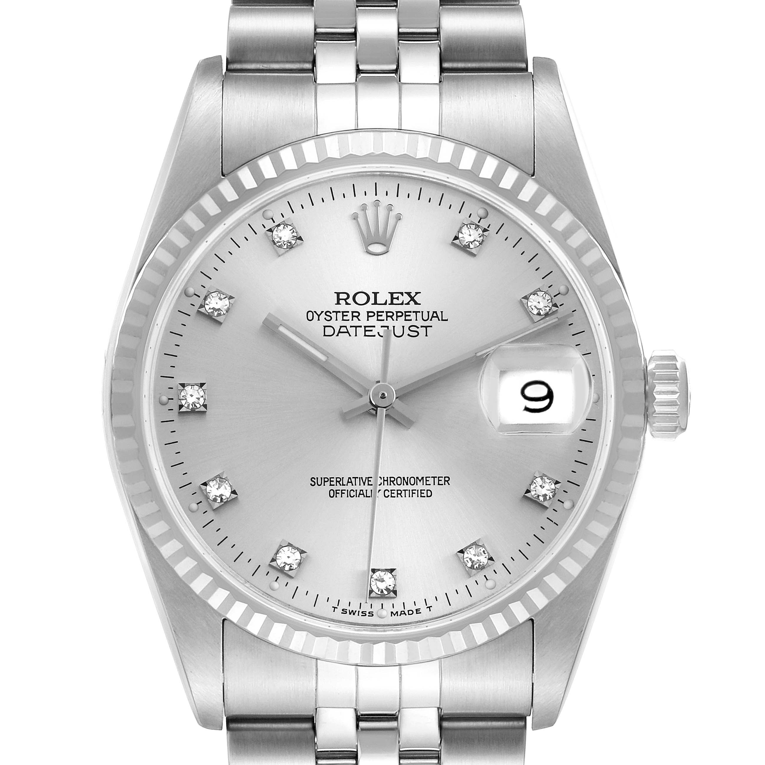 The Rolex Datejust 16234 Men
s Stainless Steel Silver Dial 16234 Men
s Stainless Steel Silver Dial watch is shown from the front, highlighting the dial, bezel, crown, and part of the bracelet.