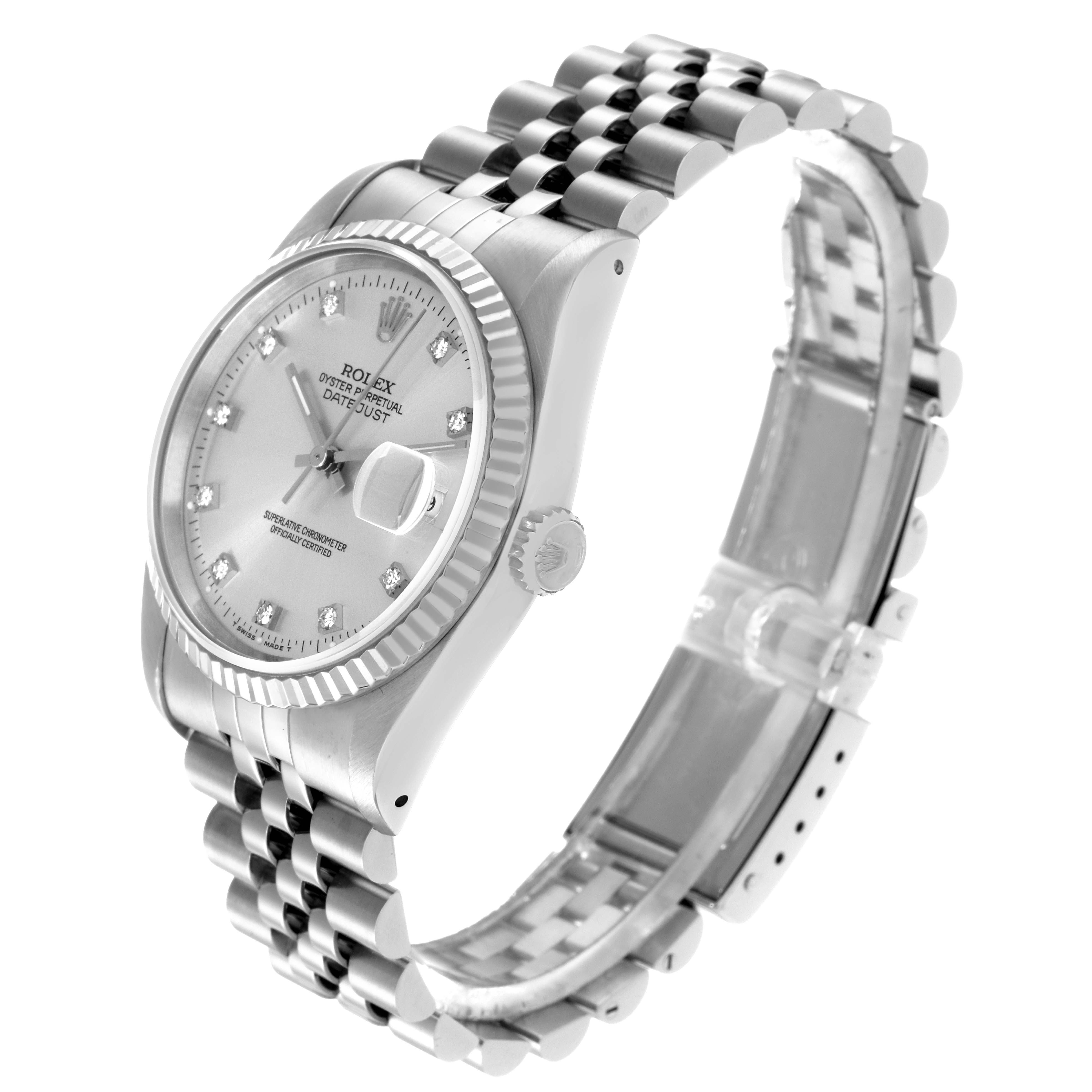 The Rolex Datejust 16234 Men
s Stainless Steel Silver Dial 16234 Men
s Stainless Steel Silver Dial watch is shown at a three-quarter angle, highlighting the face, bezel, crown, and bracelet.