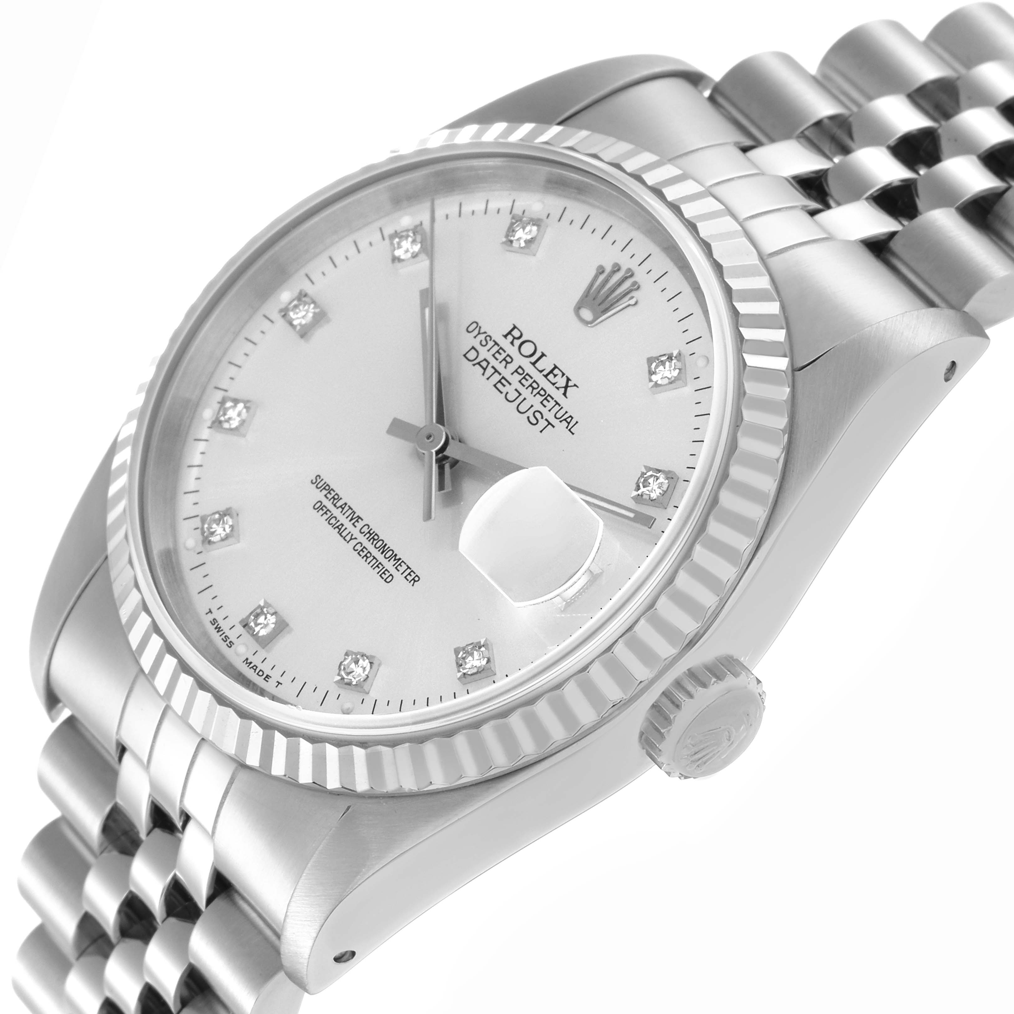 The Rolex Datejust 16234 Men
s Stainless Steel Silver Dial 16234 Men
s Stainless Steel Silver Dial watch is shown at a slight angle, highlighting its face, fluted bezel, cyclops lens, and jubilee bracelet.