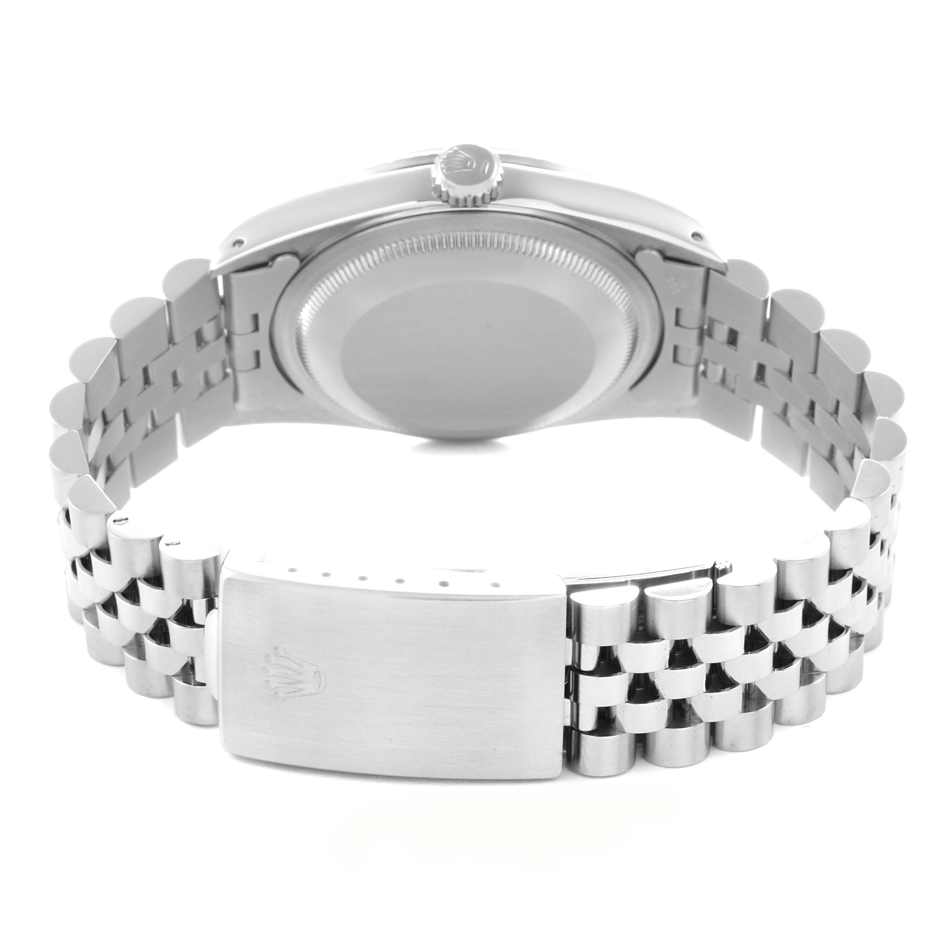 The image shows the back of a Rolex Datejust 16234 Men
s Stainless Steel Silver Dial 16234 Men
s Stainless Steel Silver Dial watch, displaying the case back, crown, and Jubilee bracelet clasp.