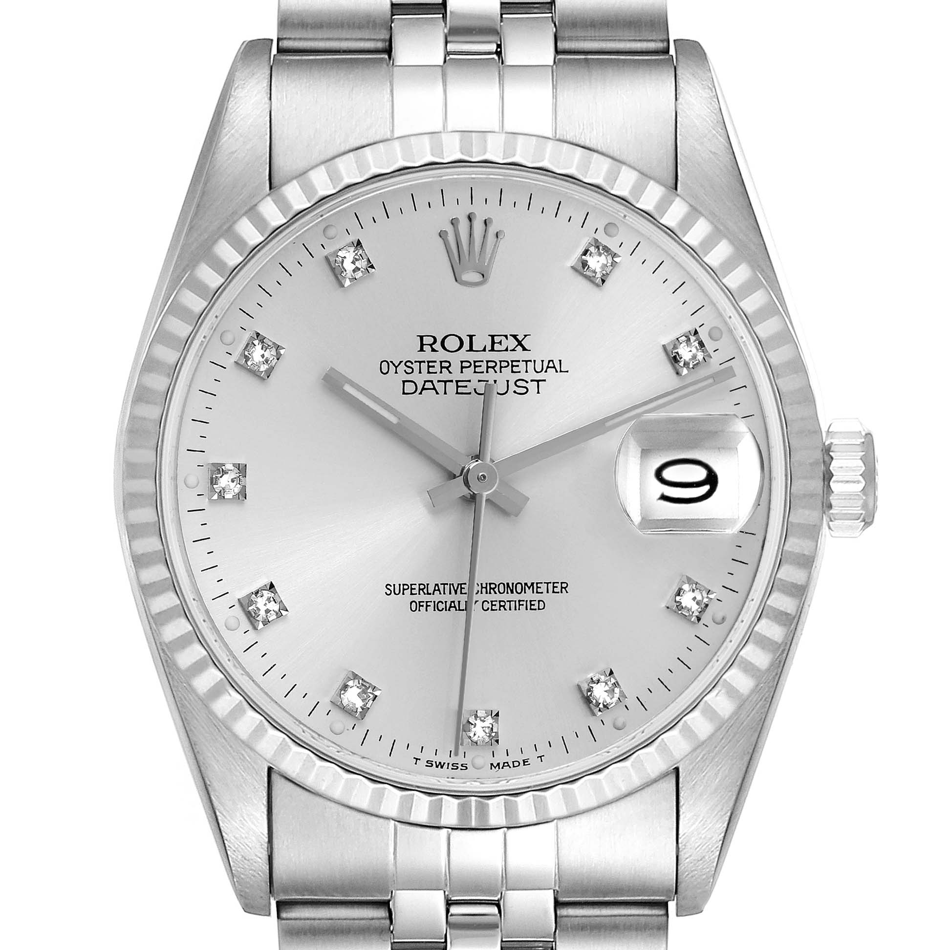 The Rolex Datejust 16234 Men
s Stainless Steel Silver Dial 16234 Men
s Stainless Steel Silver Dial watch is shown from the front, displaying the dial, bezel, bracelet, and crown.