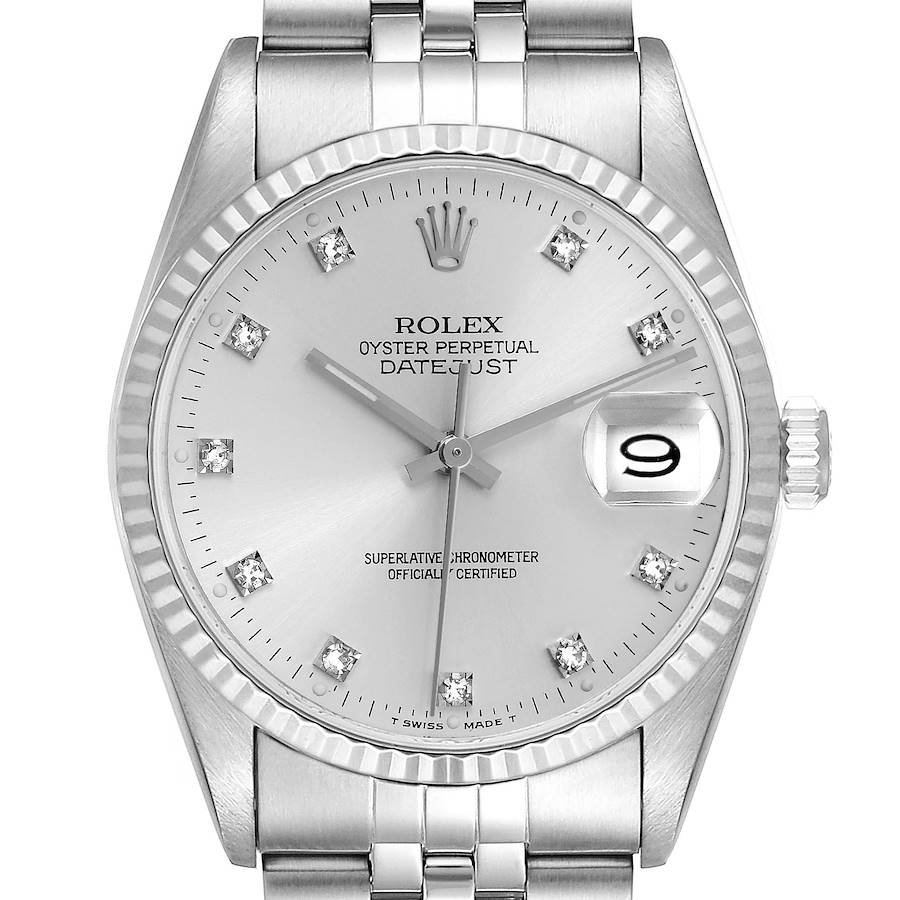 The Rolex Datejust watch is shown from the front, displaying the dial, bezel, bracelet, and crown.