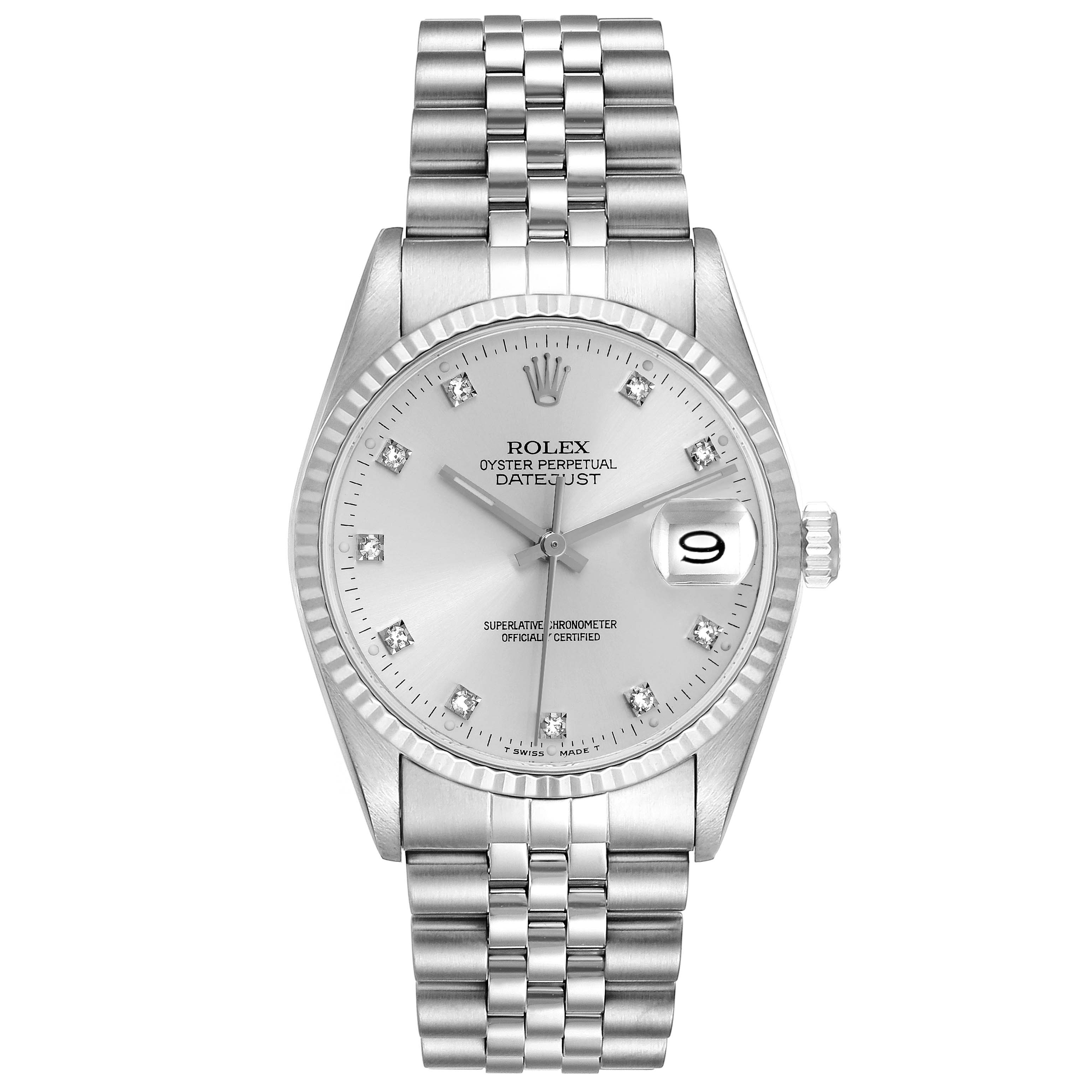 The Rolex Datejust 16234 Men
s Stainless Steel Silver Dial 16234 Men
s Stainless Steel Silver Dial watch is shown from the front, displaying its dial, bracelet, and bezel.