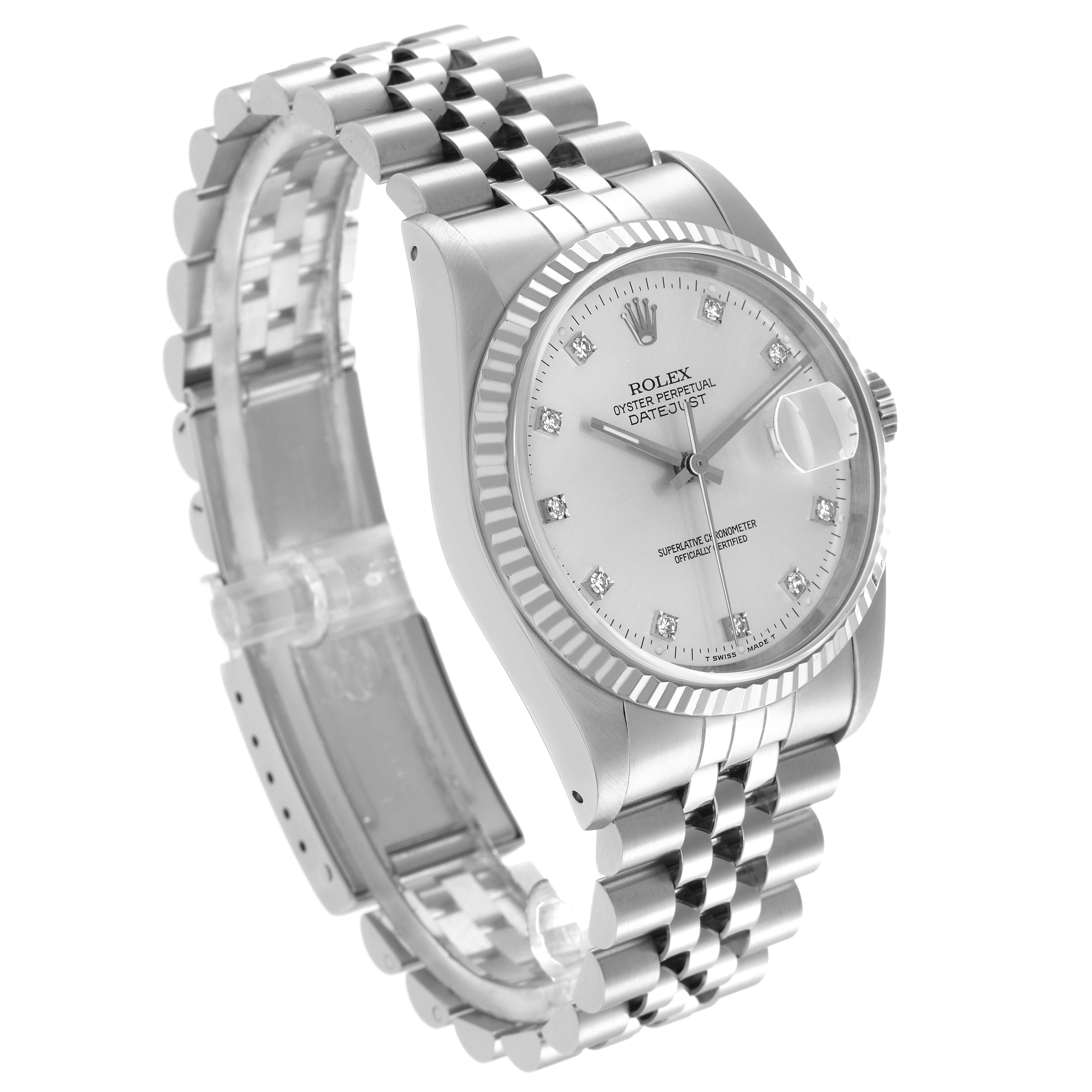 The Rolex Datejust 16234 Men
s Stainless Steel Silver Dial 16234 Men
s Stainless Steel Silver Dial watch is shown at a three-quarter angle, highlighting the dial, bezel, and Jubilee bracelet.