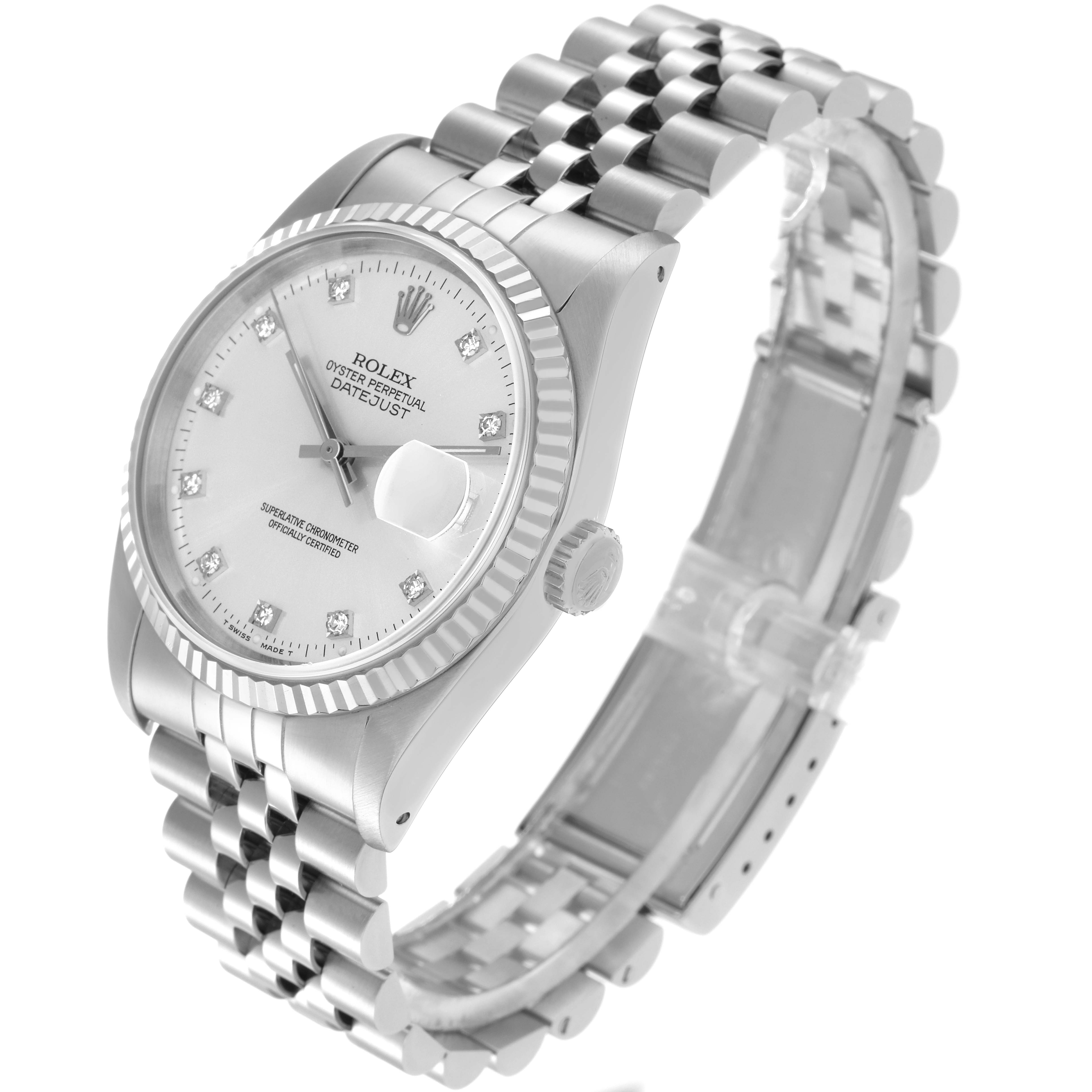 The Rolex Datejust 16234 Men
s Stainless Steel Silver Dial 16234 Men
s Stainless Steel Silver Dial watch is shown at a three-quarter angle, highlighting the face, bezel, and Jubilee bracelet.