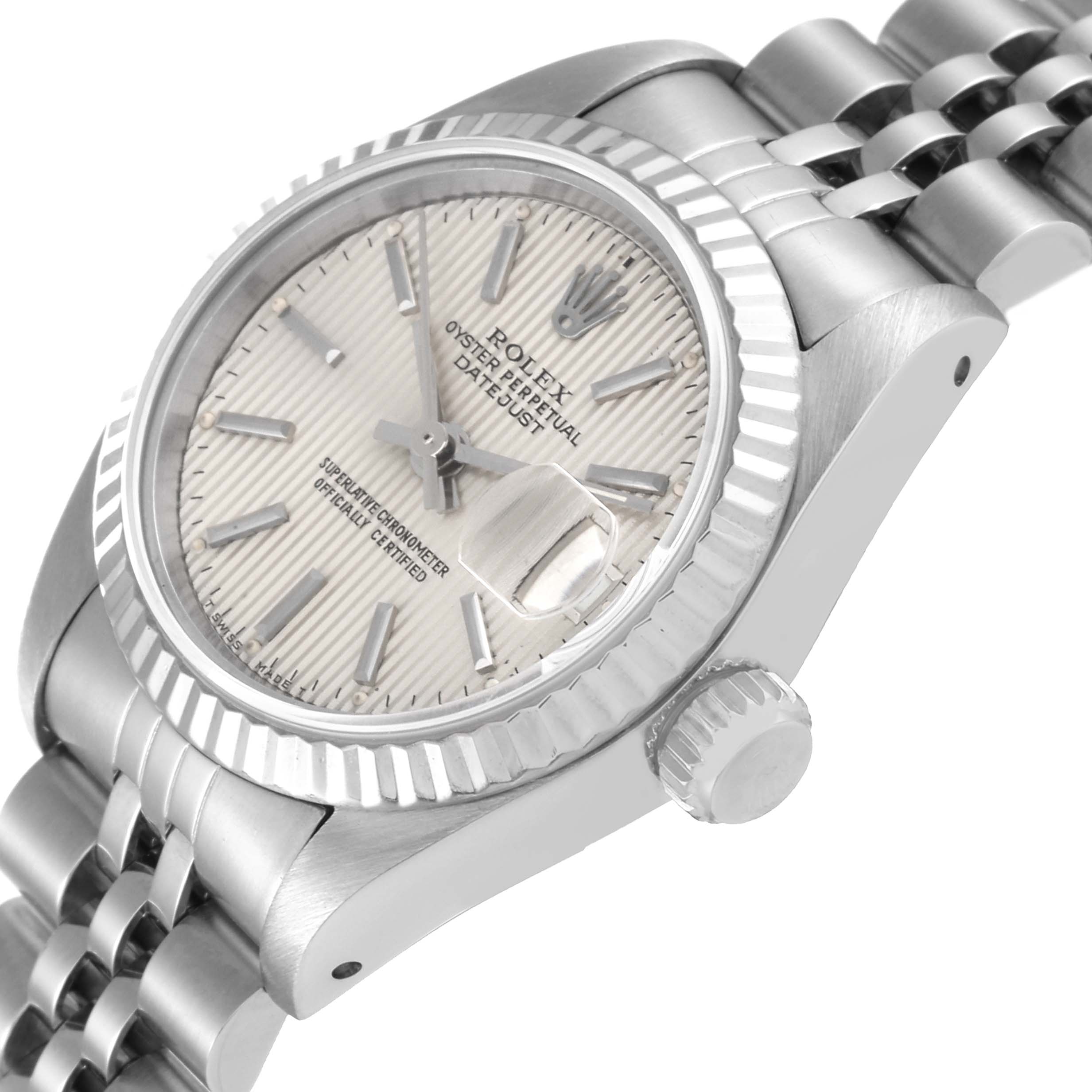 The image shows a close-up angle of the Rolex Datejust 69174 Women's Stainless Steel Silver Dial 69174 Women's Stainless Steel Silver Dial model focusing on the dial, bezel, crown, and part of the bracelet.