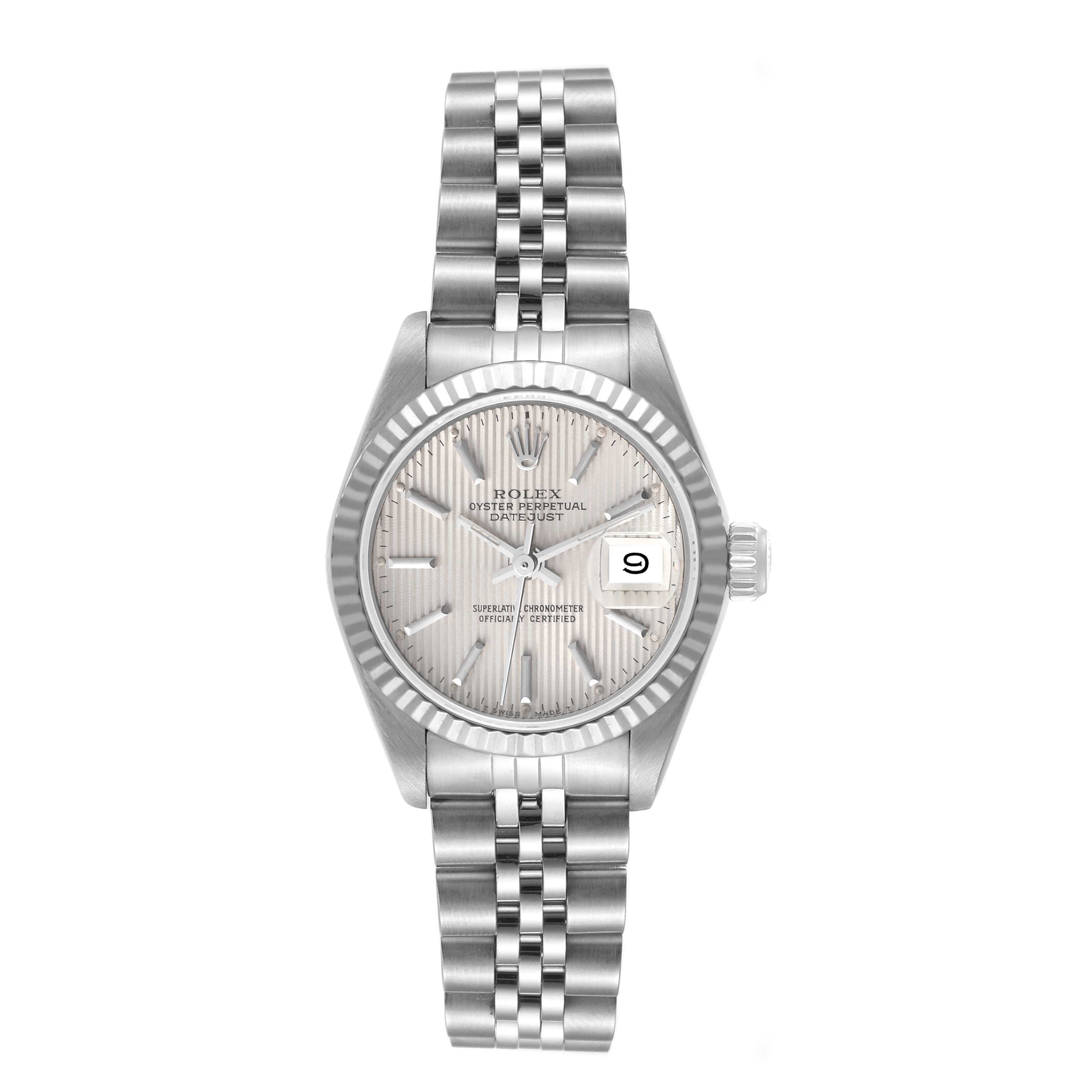 This image shows a front view of a Rolex Datejust 69174 Women's Stainless Steel Silver Dial 69174 Women's Stainless Steel Silver Dial watch, featuring its silver dial, fluted bezel, and Jubilee bracelet.