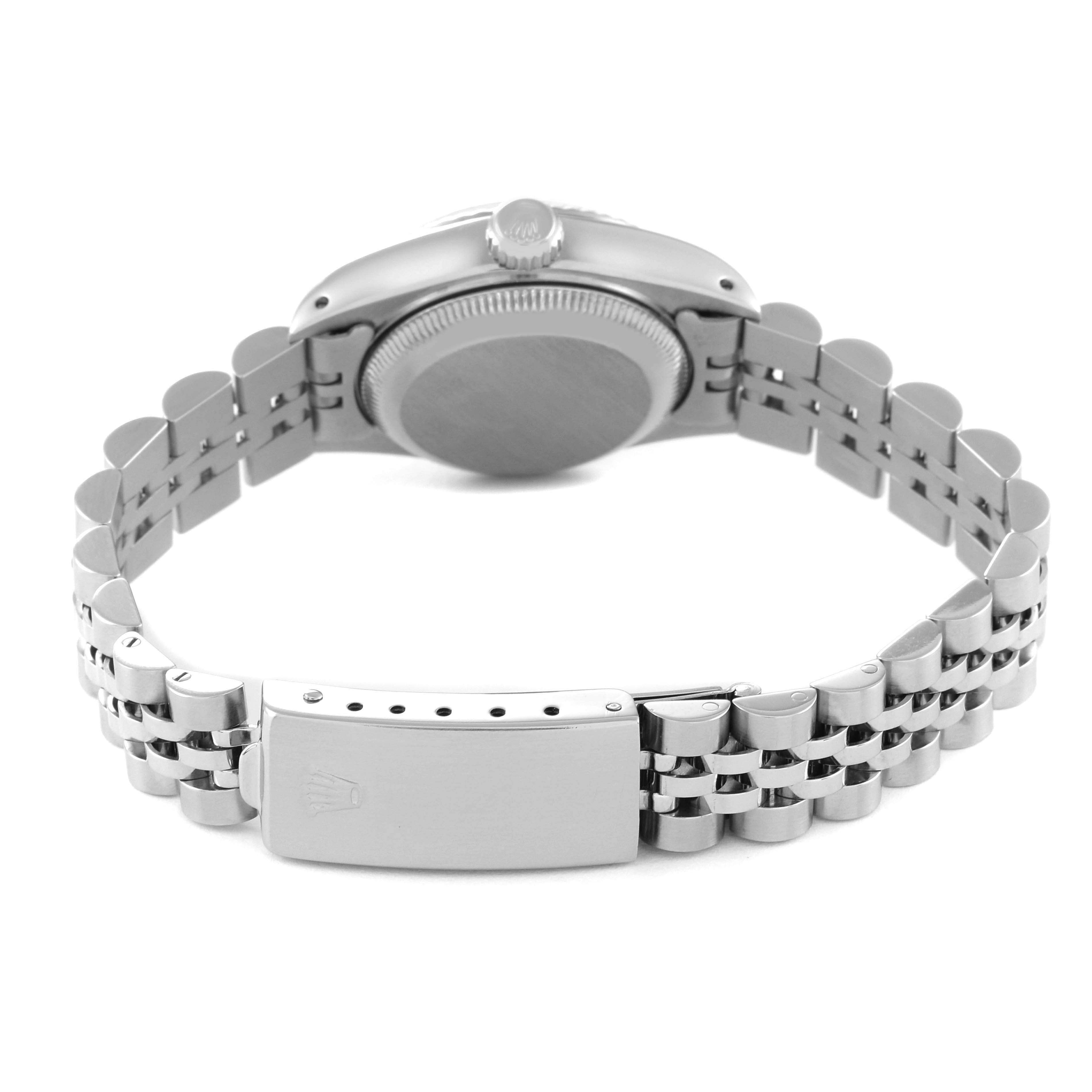 The image shows the case back and bracelet clasp of a Rolex Datejust 69174 Women's Stainless Steel Silver Dial 69174 Women's Stainless Steel Silver Dial watch from a rear angle.
