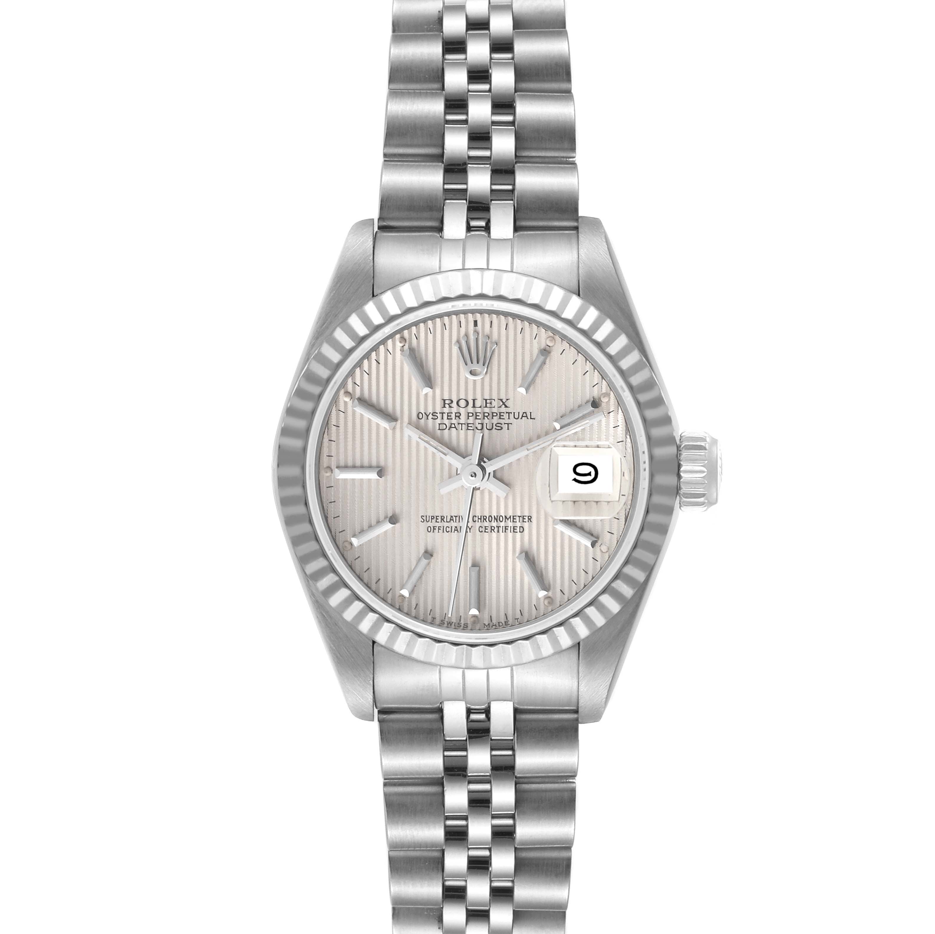 This image shows a front view of the Rolex Datejust 69174 Women's Stainless Steel Silver Dial 69174 Women's Stainless Steel Silver Dial watch, highlighting the face, bezel, crown, and bracelet.