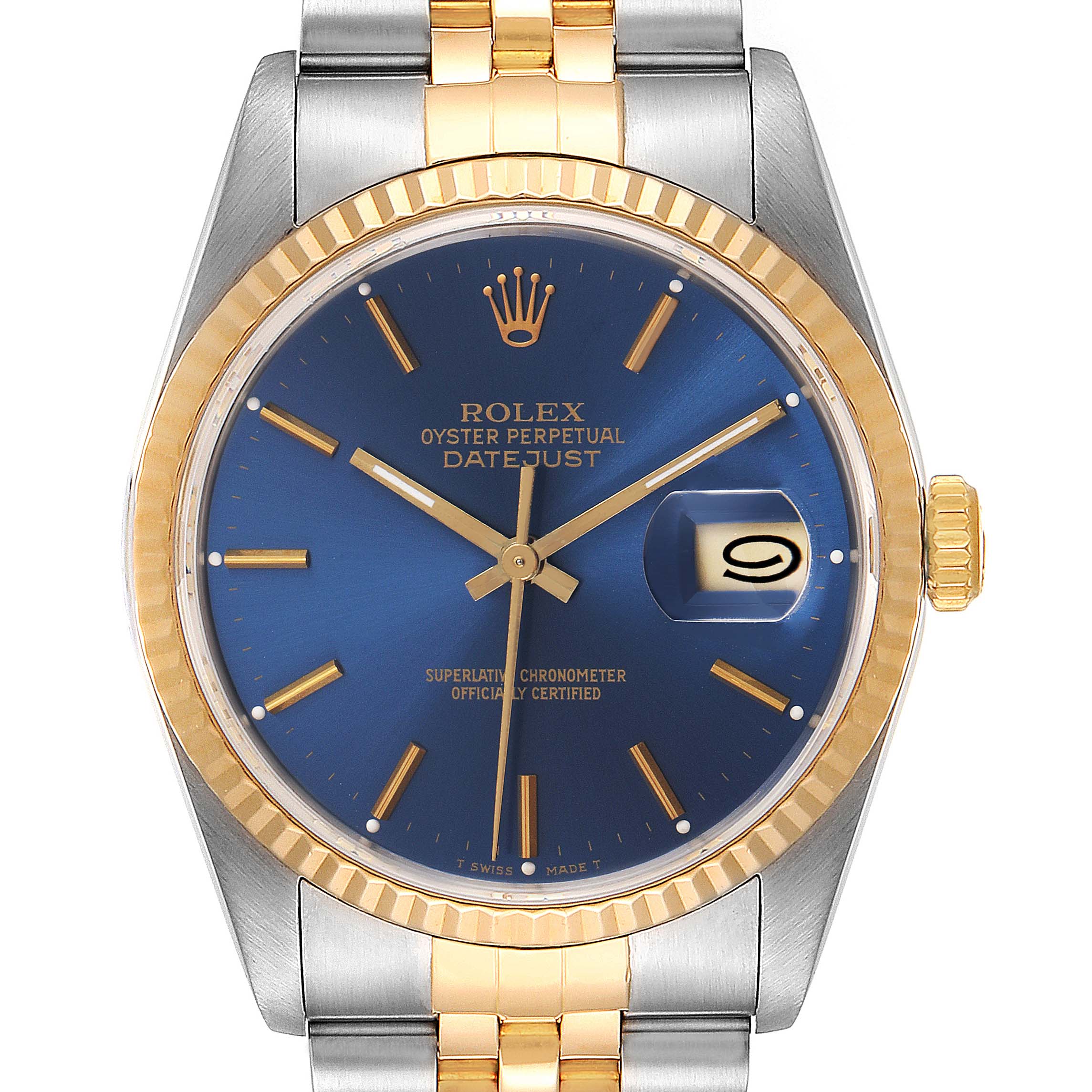 The image shows a front view of a Rolex Datejust 16233 Men's Steel and Gold (two tone) Blue Dial 16233 Men's Steel and Gold (two tone) Blue Dial watch, highlighting the dial, bezel, bracelet, and crown.
