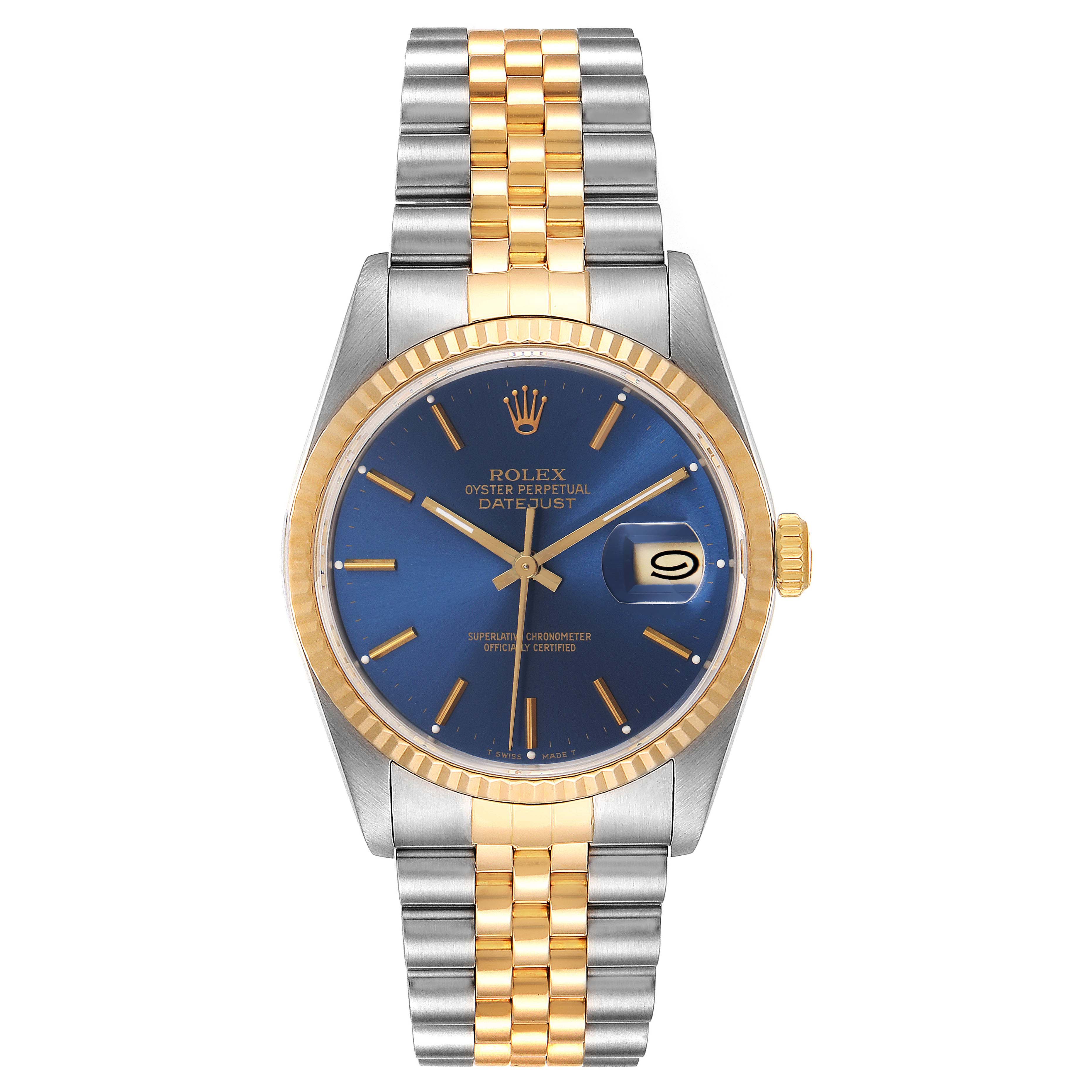 The image shows a Rolex Datejust 16233 Men's Steel and Gold (two tone) Blue Dial 16233 Men's Steel and Gold (two tone) Blue Dial watch, front view, highlighting the dial, bezel, crown, and bracelet.
