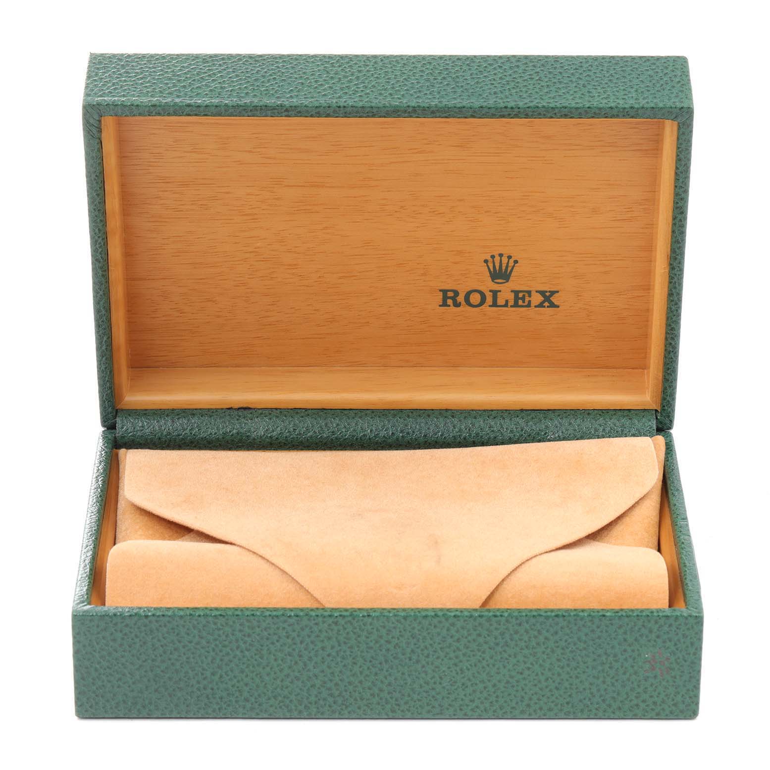 The image shows an open, empty Rolex Datejust 16233 Men's Steel and Gold (two tone) Blue Dial 16233 Men's Steel and Gold (two tone) Blue Dial watch box with a green exterior and wooden interior.