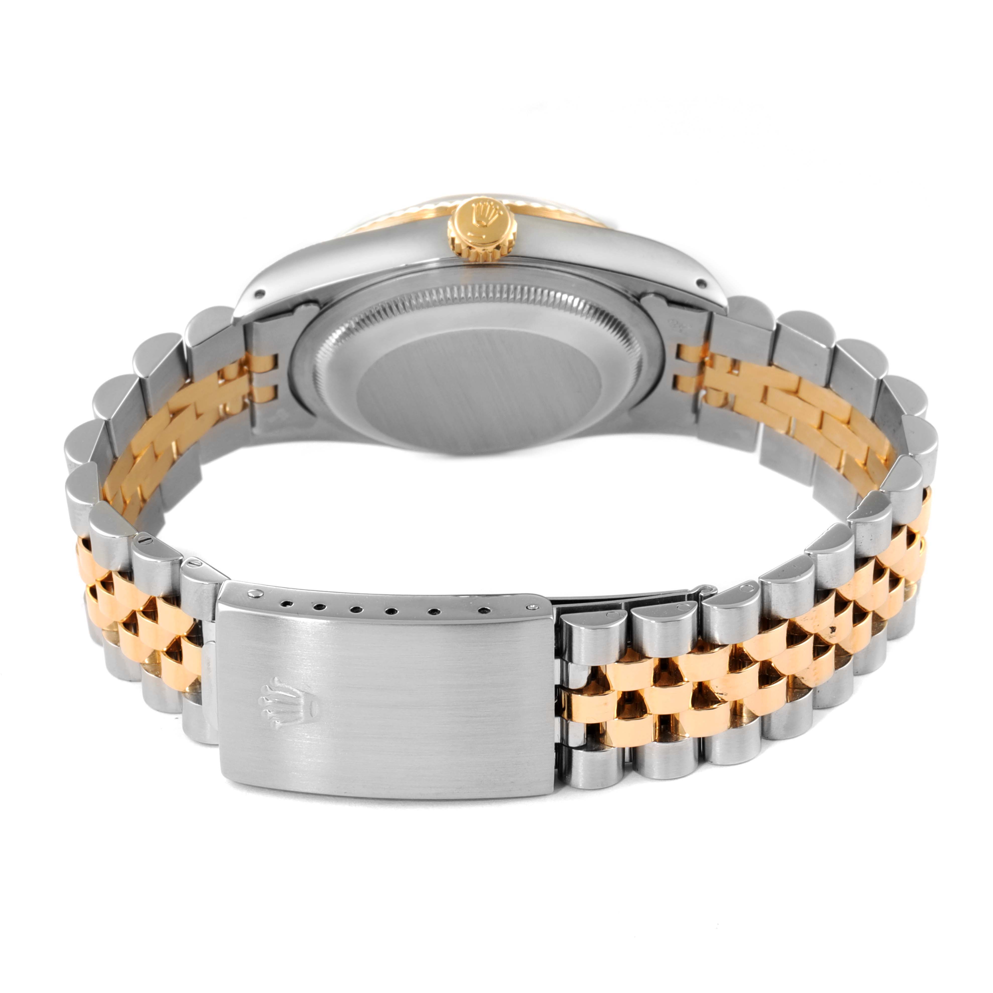 This image shows the back view of a Rolex Datejust 16233 Men's Steel and Gold (two tone) Blue Dial 16233 Men's Steel and Gold (two tone) Blue Dial watch, highlighting the two-tone bracelet and clasp.