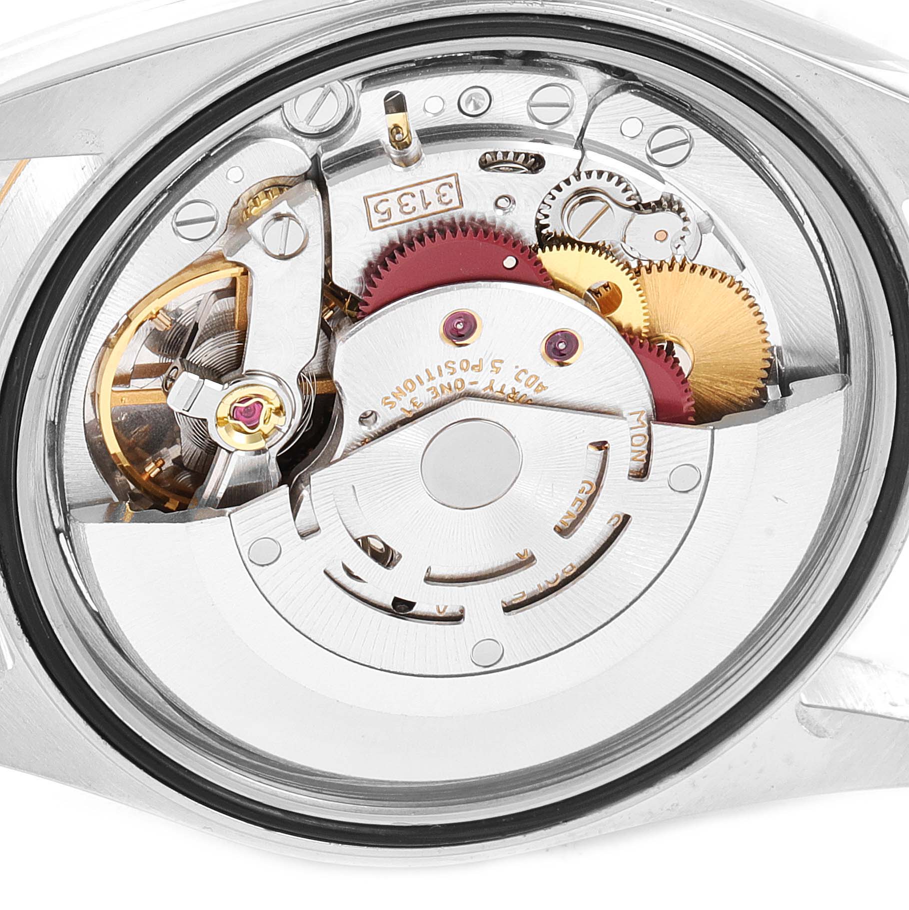 The image shows the internal mechanism of a Rolex Datejust 16233 Men's Steel and Gold (two tone) Blue Dial 16233 Men's Steel and Gold (two tone) Blue Dial watch, captured from the back angle.