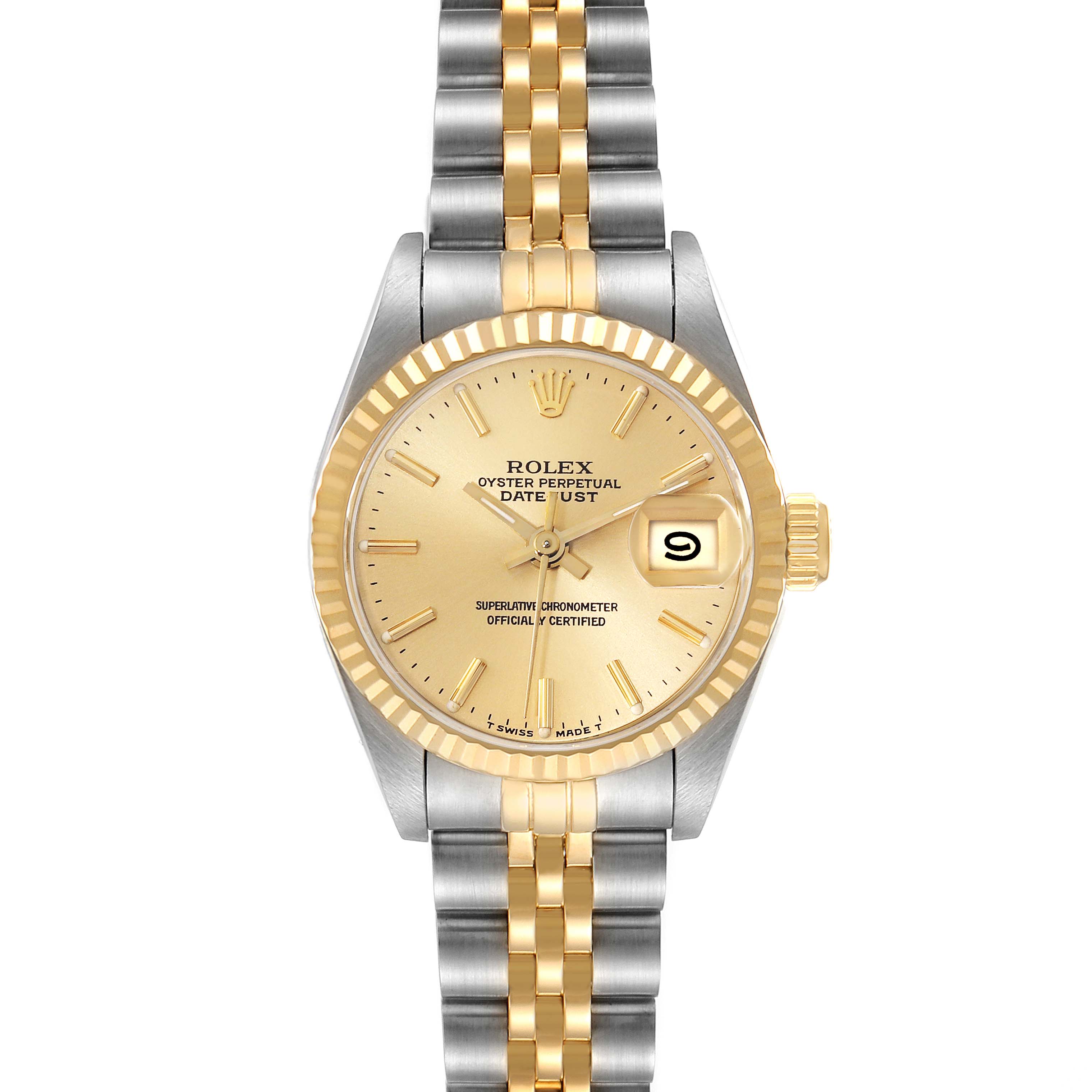 This image shows a frontal view of a Rolex Datejust 69173 Women's Steel and Gold (two tone) Champagne Dial 69173 Women's Steel and Gold (two tone) Champagne Dial watch, highlighting its dial, bezel, and two-tone bracelet.