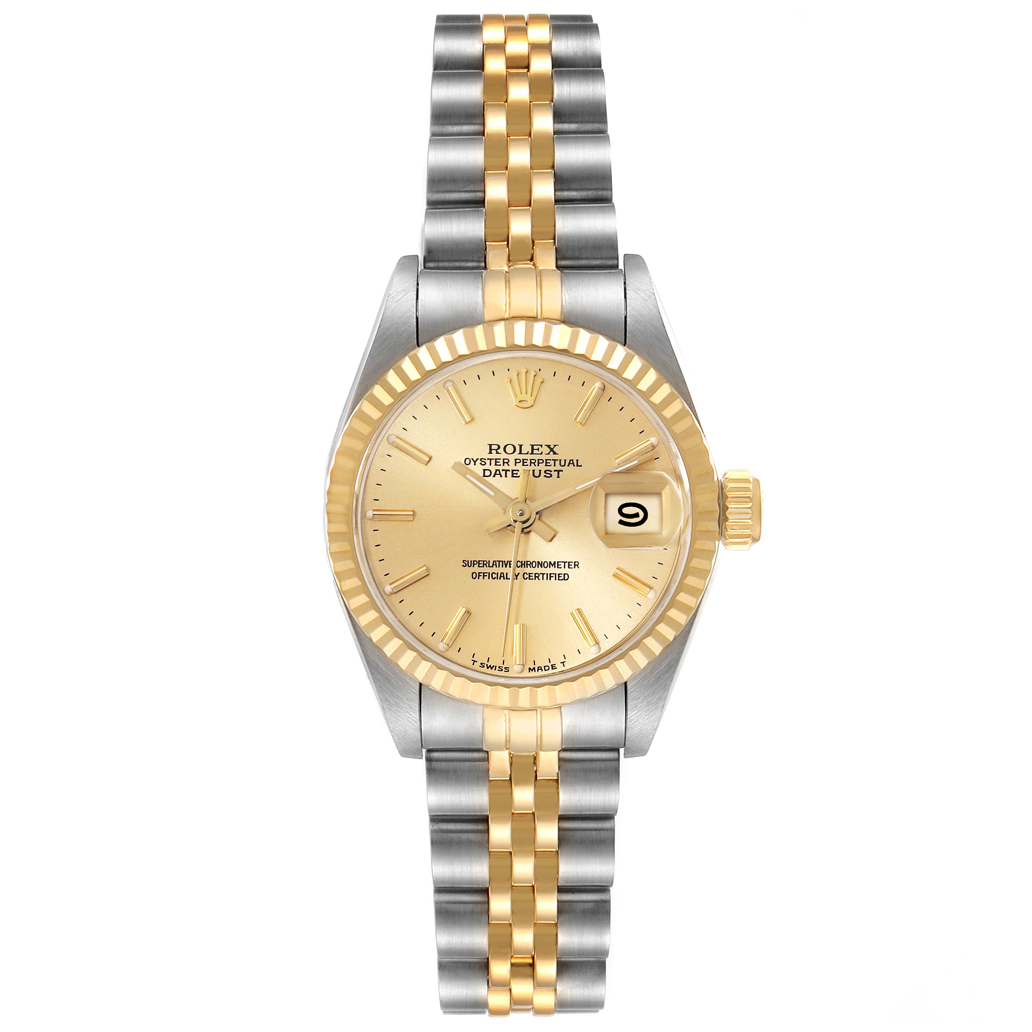 The image shows a front view of a Rolex Datejust 69173 Women's Steel and Gold (two tone) Champagne Dial 69173 Women's Steel and Gold (two tone) Champagne Dial watch, highlighting its gold dial, fluted bezel, and two-tone bracelet.