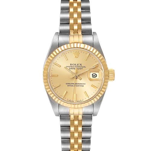 This image shows a front view of a Rolex Datejust watch with a gold dial and a two-tone metal bracelet.