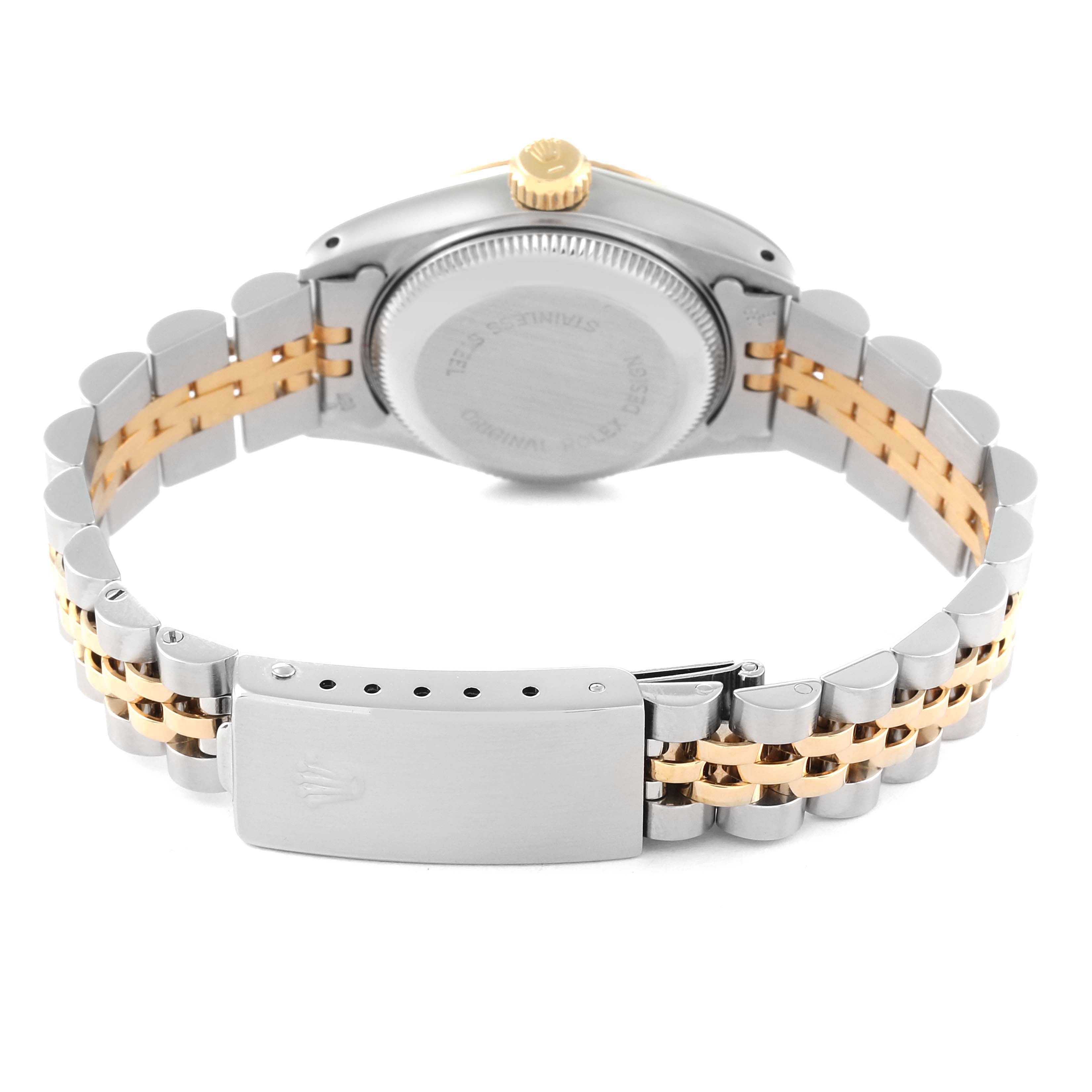 The image shows the back view of the Rolex Datejust 69173 Women's Steel and Gold (two tone) Champagne Dial 69173 Women's Steel and Gold (two tone) Champagne Dial watch, highlighting the case back, crown, and two-tone bracelet with clasp.