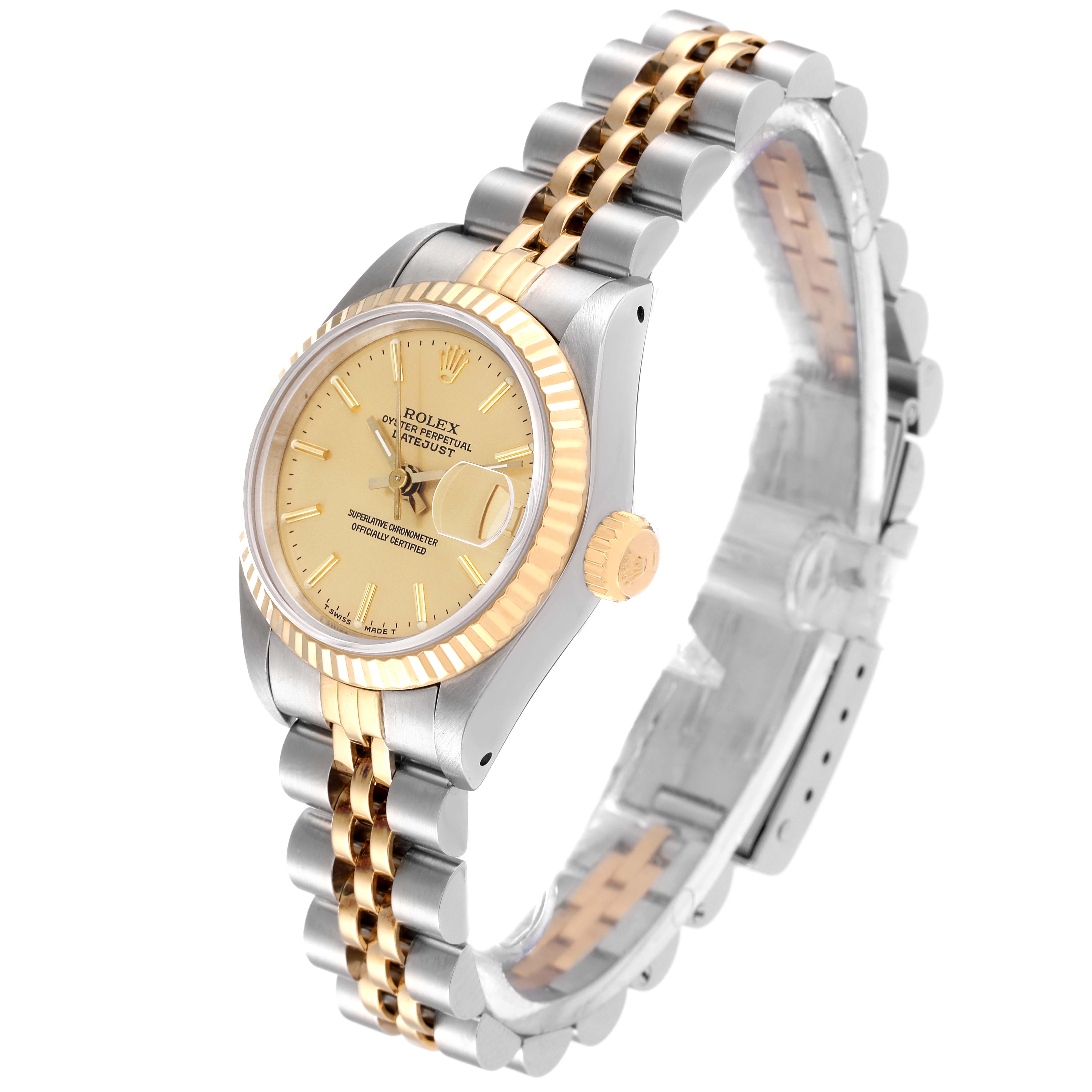 The image shows a Rolex Datejust 69173 Women's Steel and Gold (two tone) Champagne Dial 69173 Women's Steel and Gold (two tone) Champagne Dial watch at a three-quarter angle, highlighting the gold and silver bracelet, bezel, crown, and face.