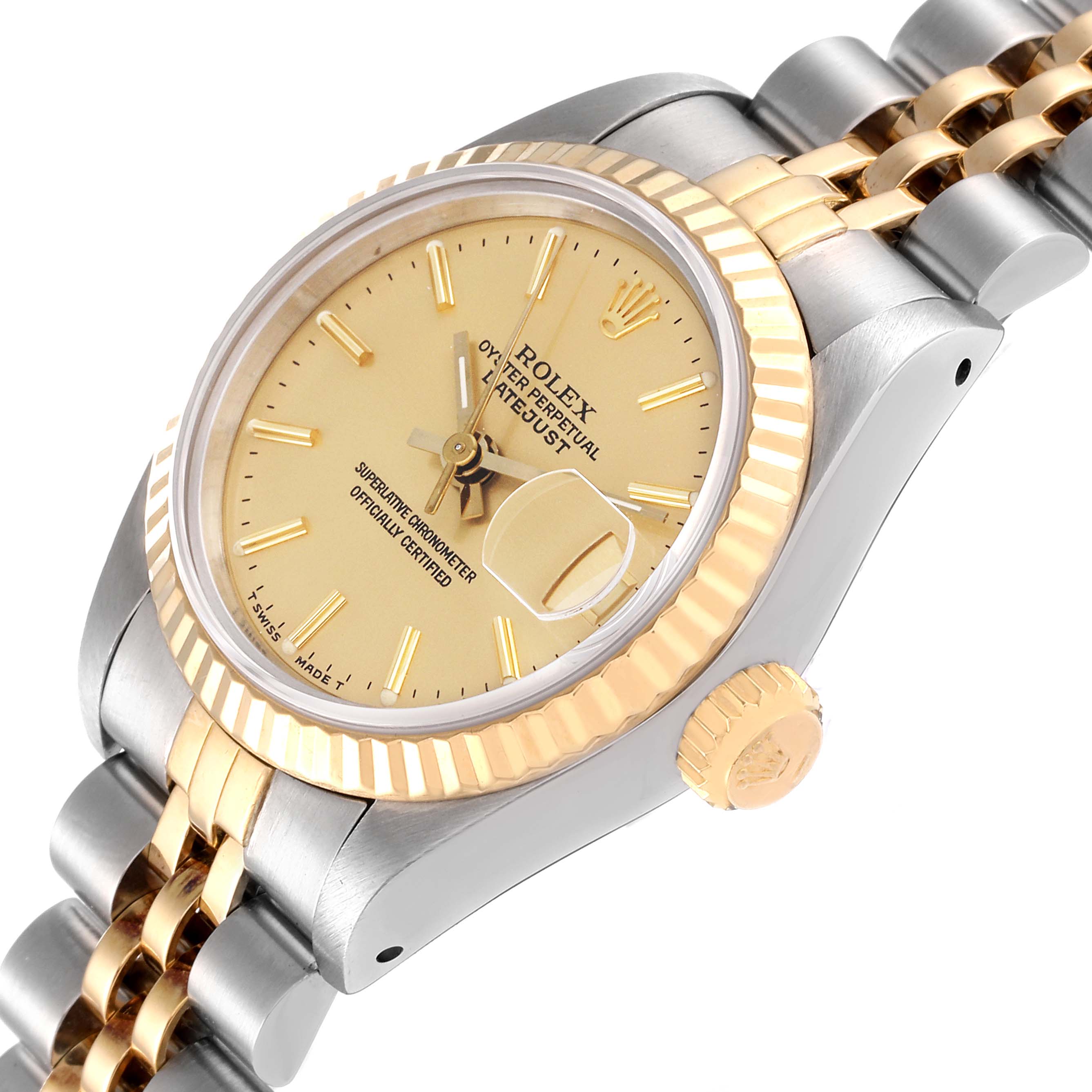 This image shows a Rolex Datejust 69173 Women's Steel and Gold (two tone) Champagne Dial 69173 Women's Steel and Gold (two tone) Champagne Dial watch from a slight angle, featuring the face, crown, and part of the bracelet.