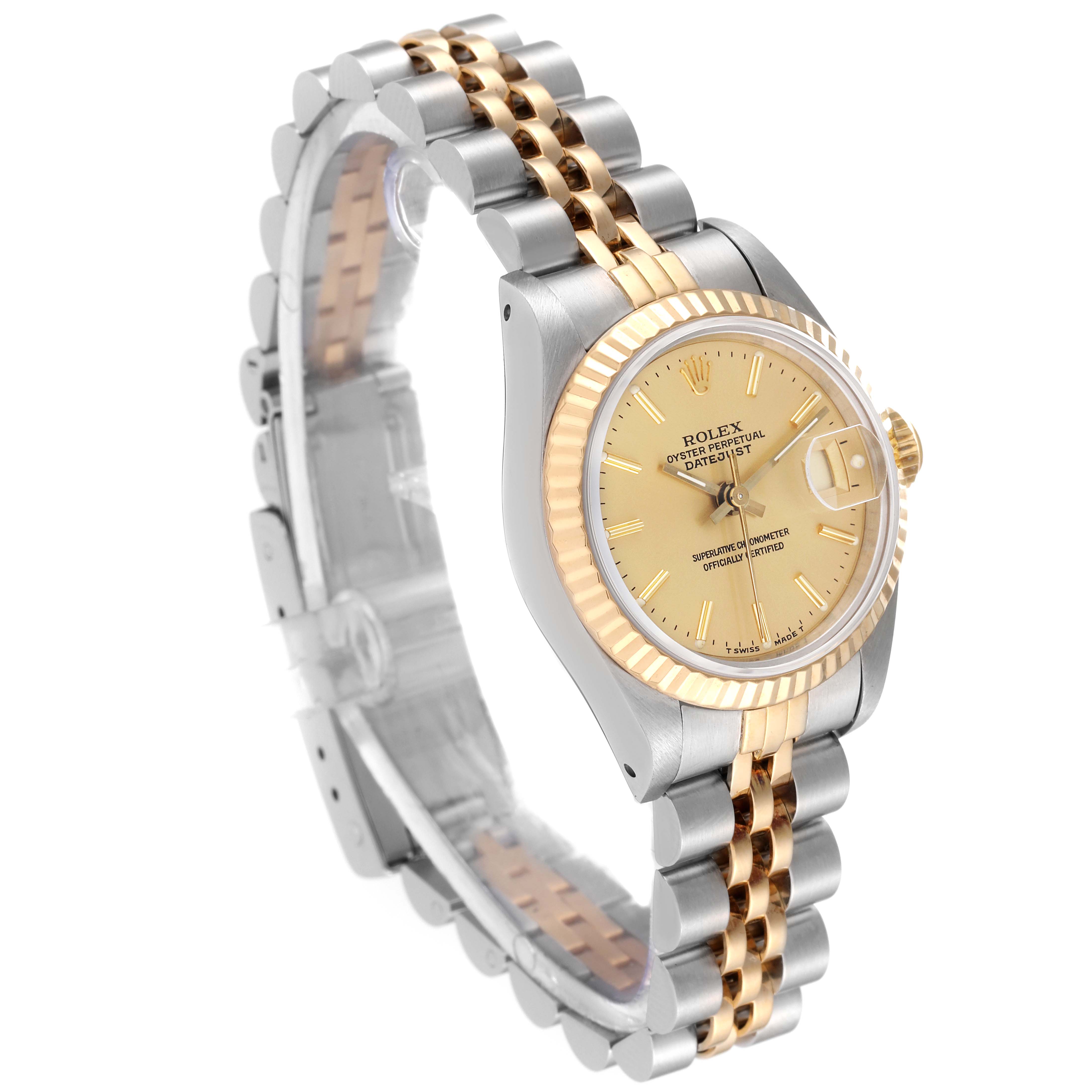 The Rolex Datejust 69173 Women's Steel and Gold (two tone) Champagne Dial 69173 Women's Steel and Gold (two tone) Champagne Dial watch is shown at an angle highlighting its face, bezel, and two-tone bracelet.
