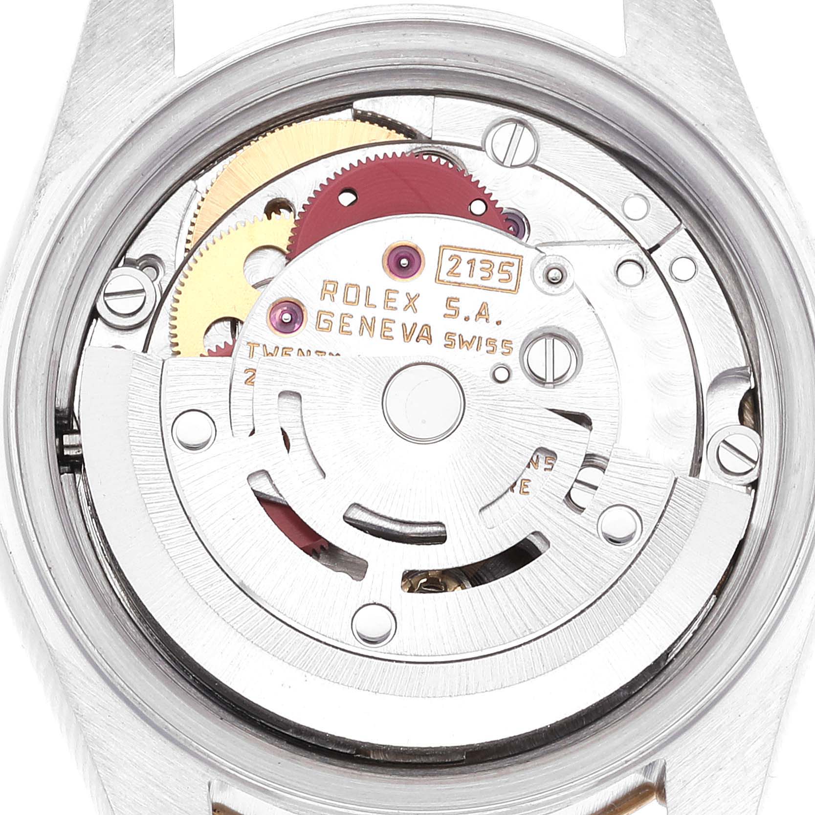 The image shows the intricate back view of the movement inside a Rolex Datejust 69173 Women's Steel and Gold (two tone) Champagne Dial 69173 Women's Steel and Gold (two tone) Champagne Dial watch.