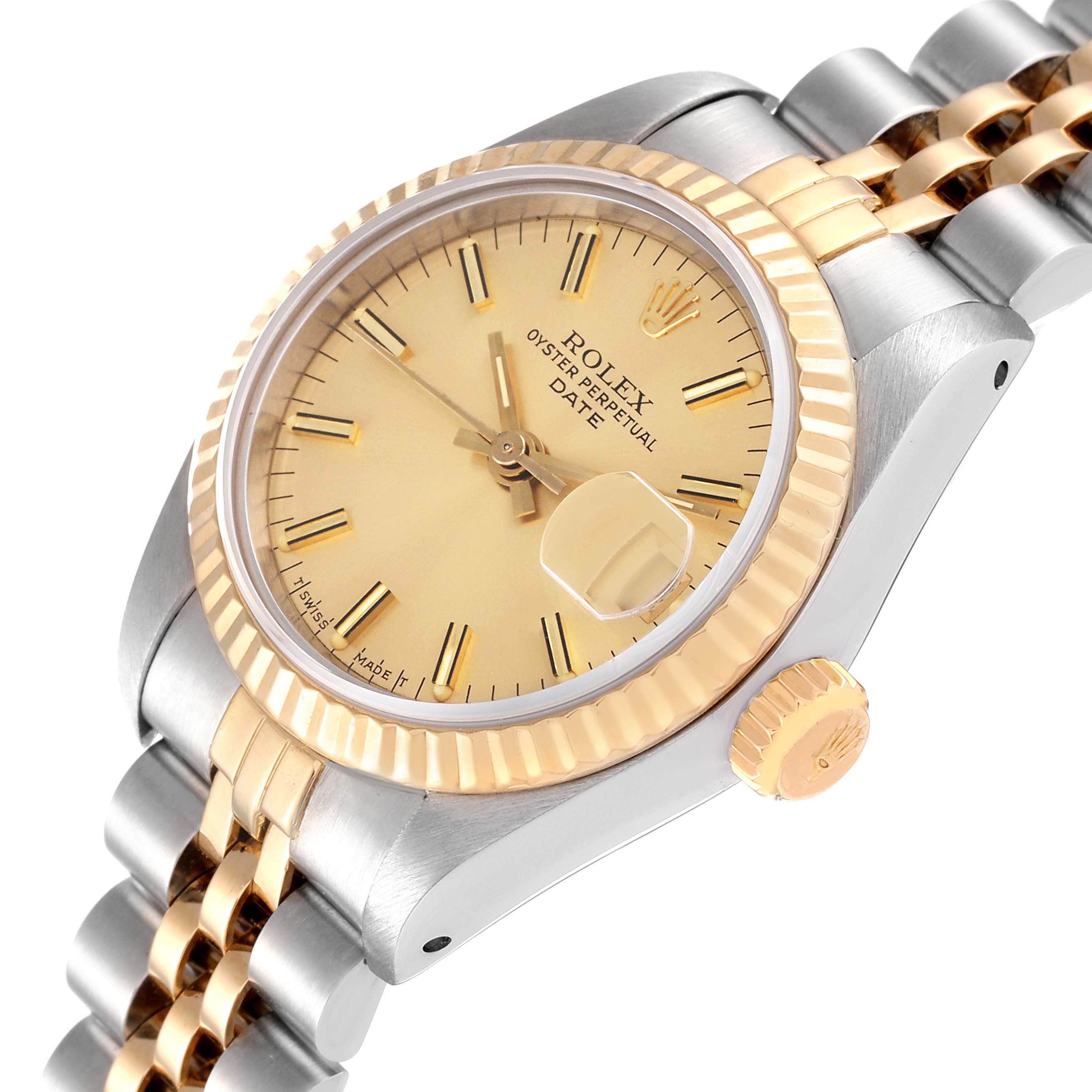 The image shows the dial, fluted bezel, crown, and part of the bracelet of a Rolex Datejust 69173 Women's Steel and Gold (two tone) Champagne Dial 69173 Women's Steel and Gold (two tone) Champagne Dial watch at a slight angle.
