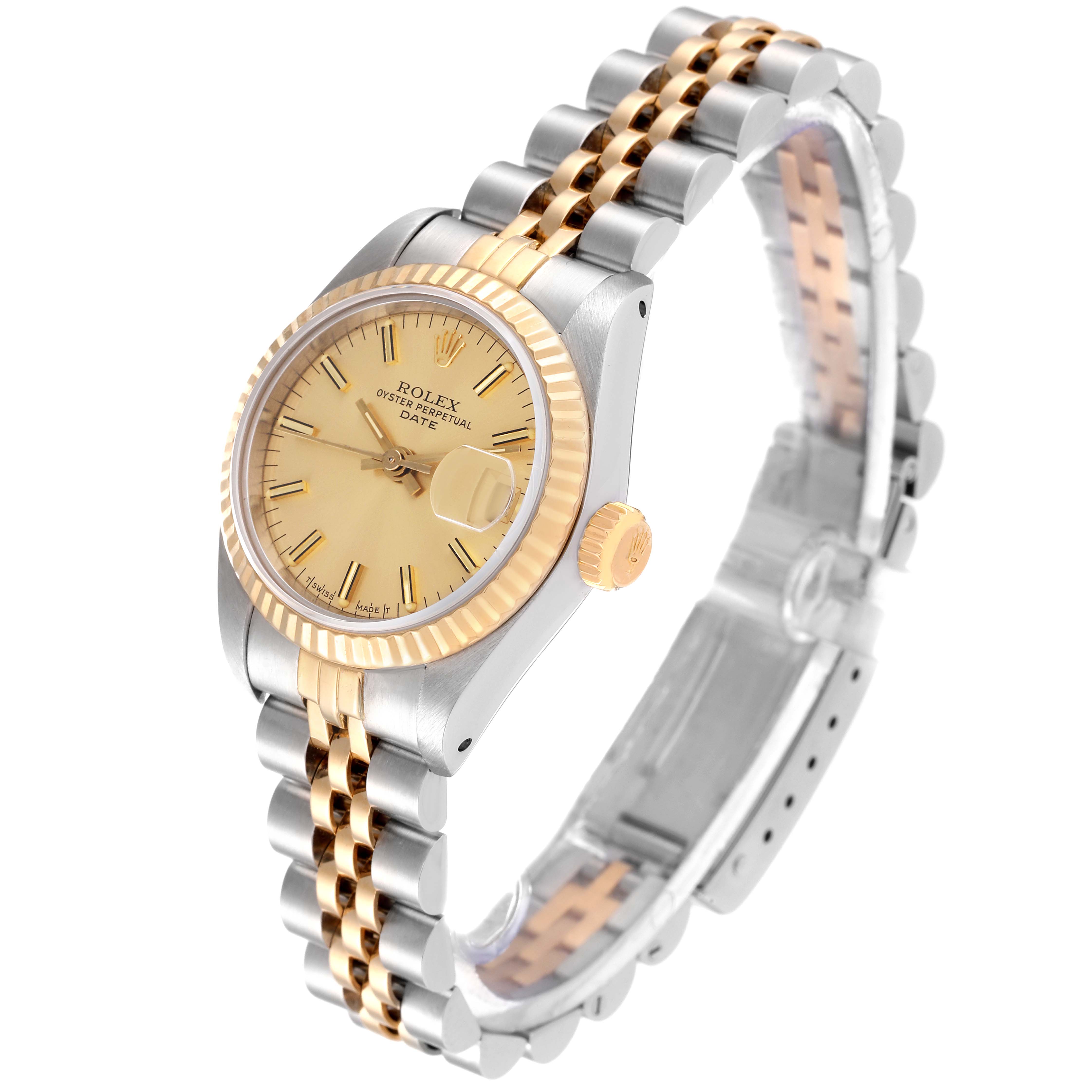 This image shows a Rolex Datejust 69173 Women's Steel and Gold (two tone) Champagne Dial 69173 Women's Steel and Gold (two tone) Champagne Dial watch at a slight angled view, highlighting its two-tone bracelet, fluted bezel, and gold dial.