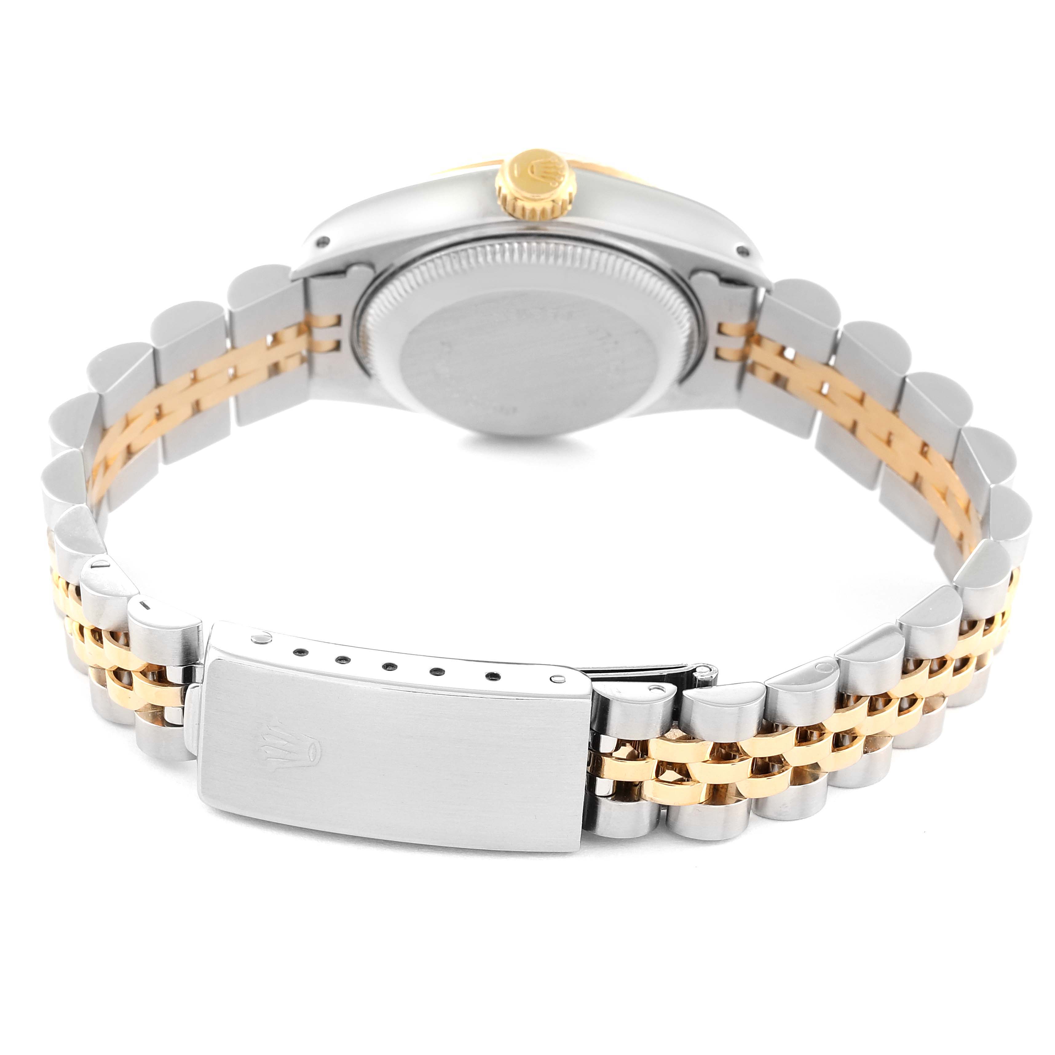 The image shows the back view of a Rolex Datejust 69173 Women's Steel and Gold (two tone) Champagne Dial 69173 Women's Steel and Gold (two tone) Champagne Dial watch, highlighting its case back, bracelet, and clasp.