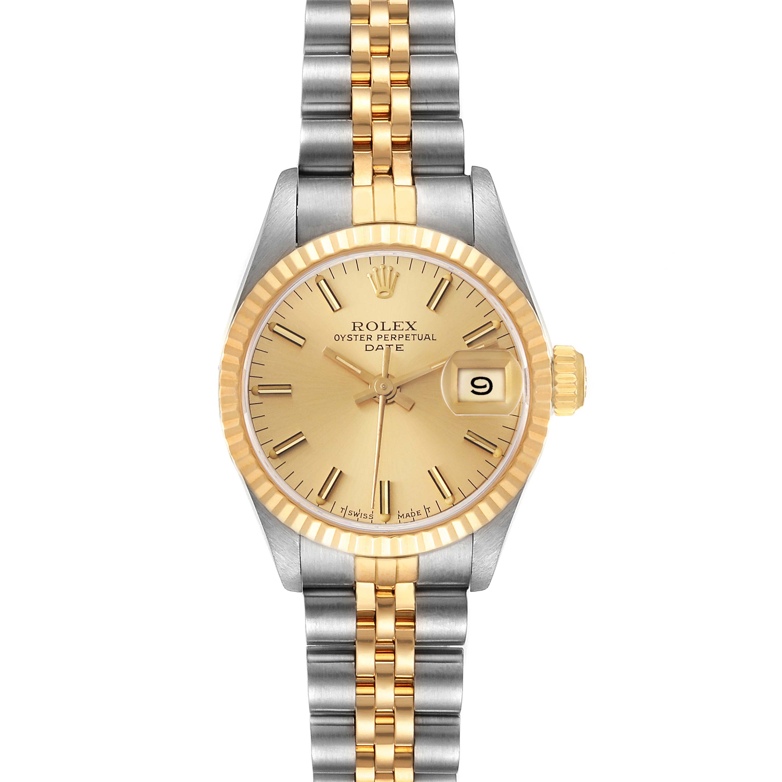 The image shows a frontal view of a Rolex Datejust 69173 Women's Steel and Gold (two tone) Champagne Dial 69173 Women's Steel and Gold (two tone) Champagne Dial watch featuring a gold dial, date window, and a two-tone metal bracelet.