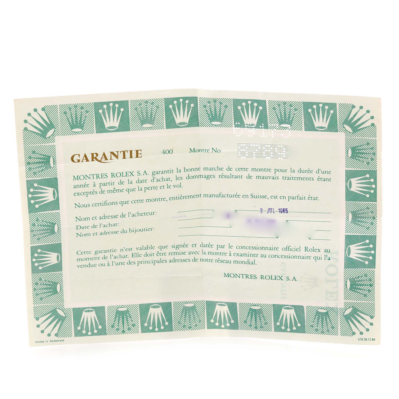 The image shows a guarantee document for a Rolex Datejust 69173 Women's Steel and Gold (two tone) Champagne Dial 69173 Women's Steel and Gold (two tone) Champagne Dial model watch, with text in French and a green patterned border.