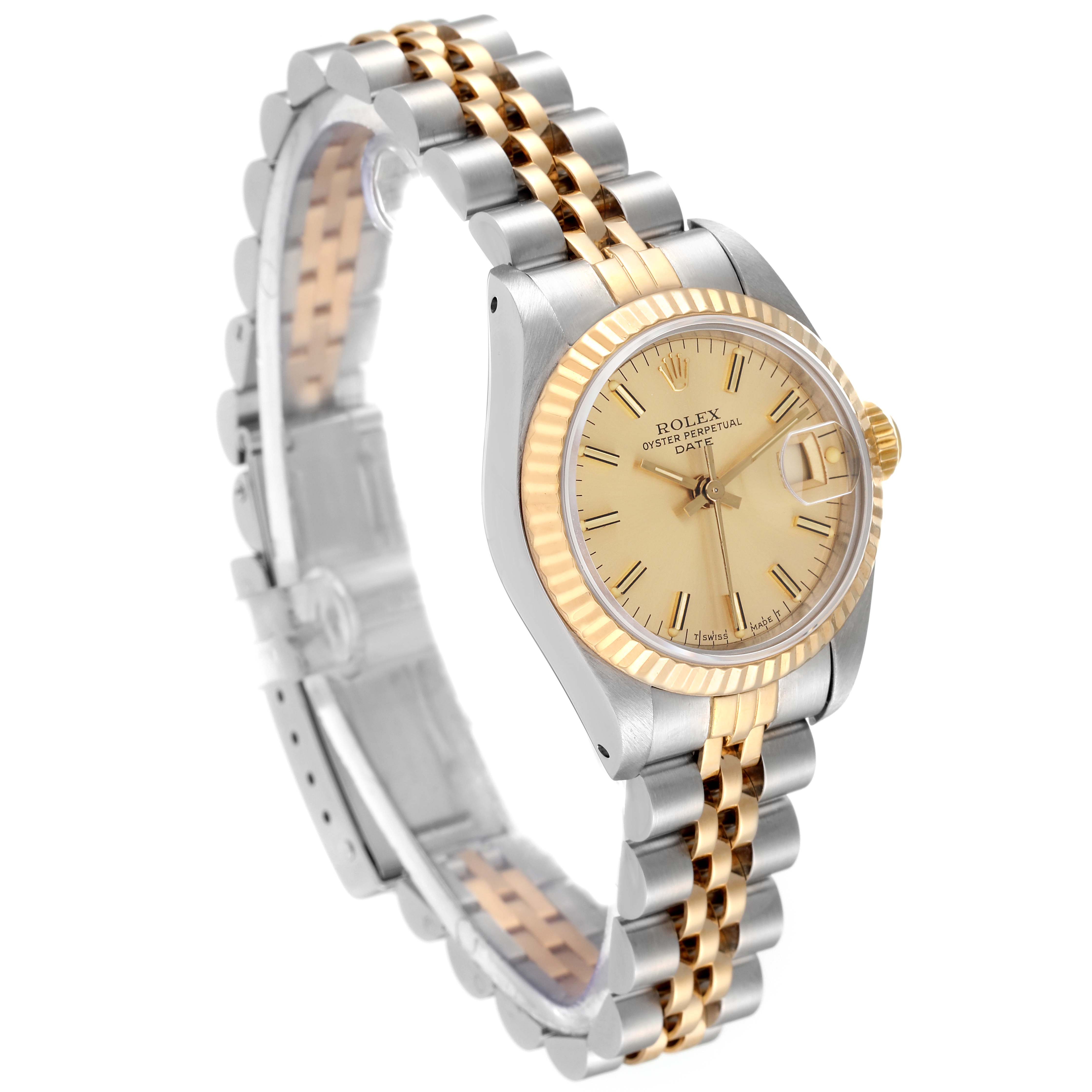 The image shows a Rolex Datejust 69173 Women's Steel and Gold (two tone) Champagne Dial 69173 Women's Steel and Gold (two tone) Champagne Dial watch at a three-quarter angle, highlighting the fluted bezel, dial, and Jubilee bracelet.