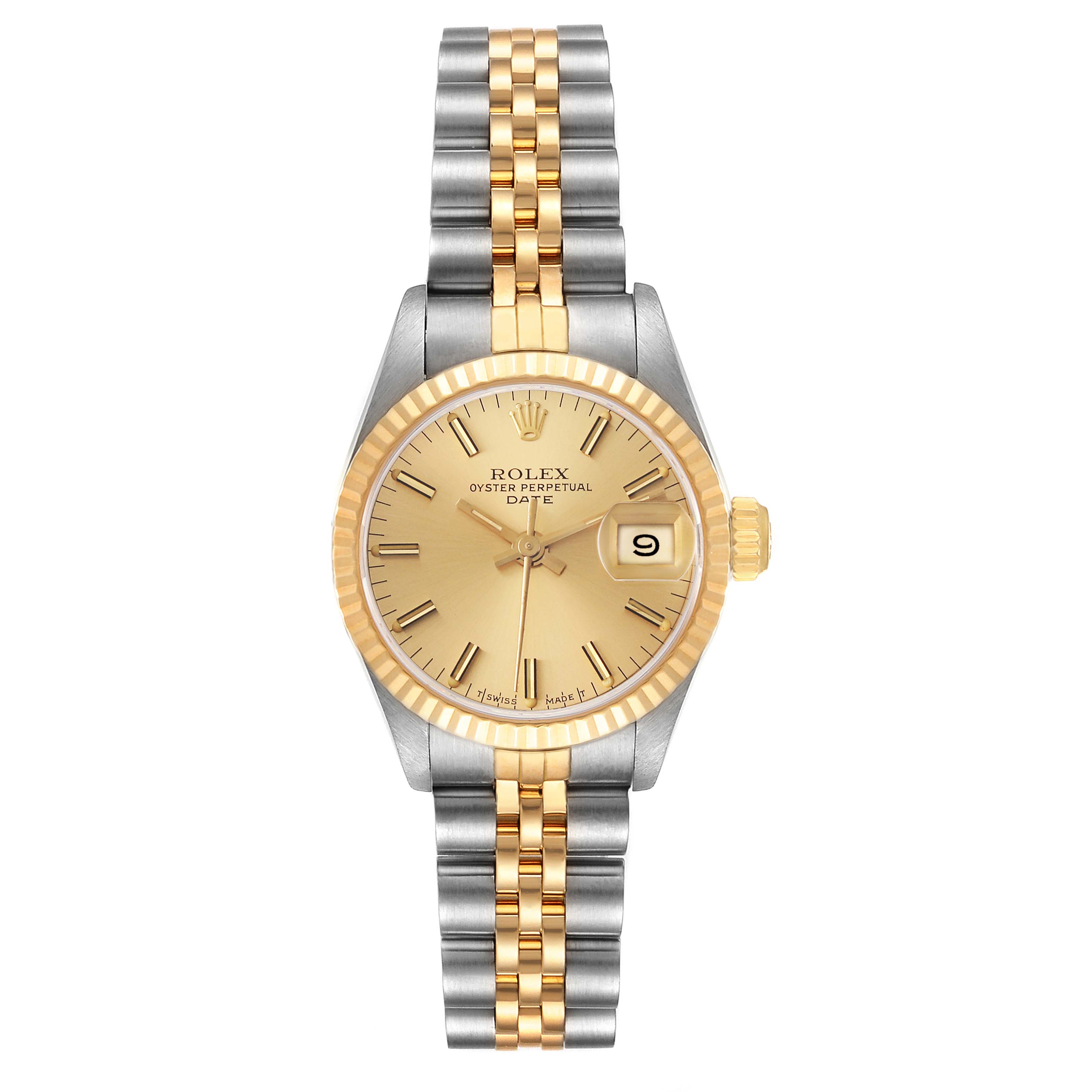 The image shows a frontal view of a Rolex Datejust 69173 Women's Steel and Gold (two tone) Champagne Dial 69173 Women's Steel and Gold (two tone) Champagne Dial watch featuring a two-tone bracelet and a gold dial with a date window.