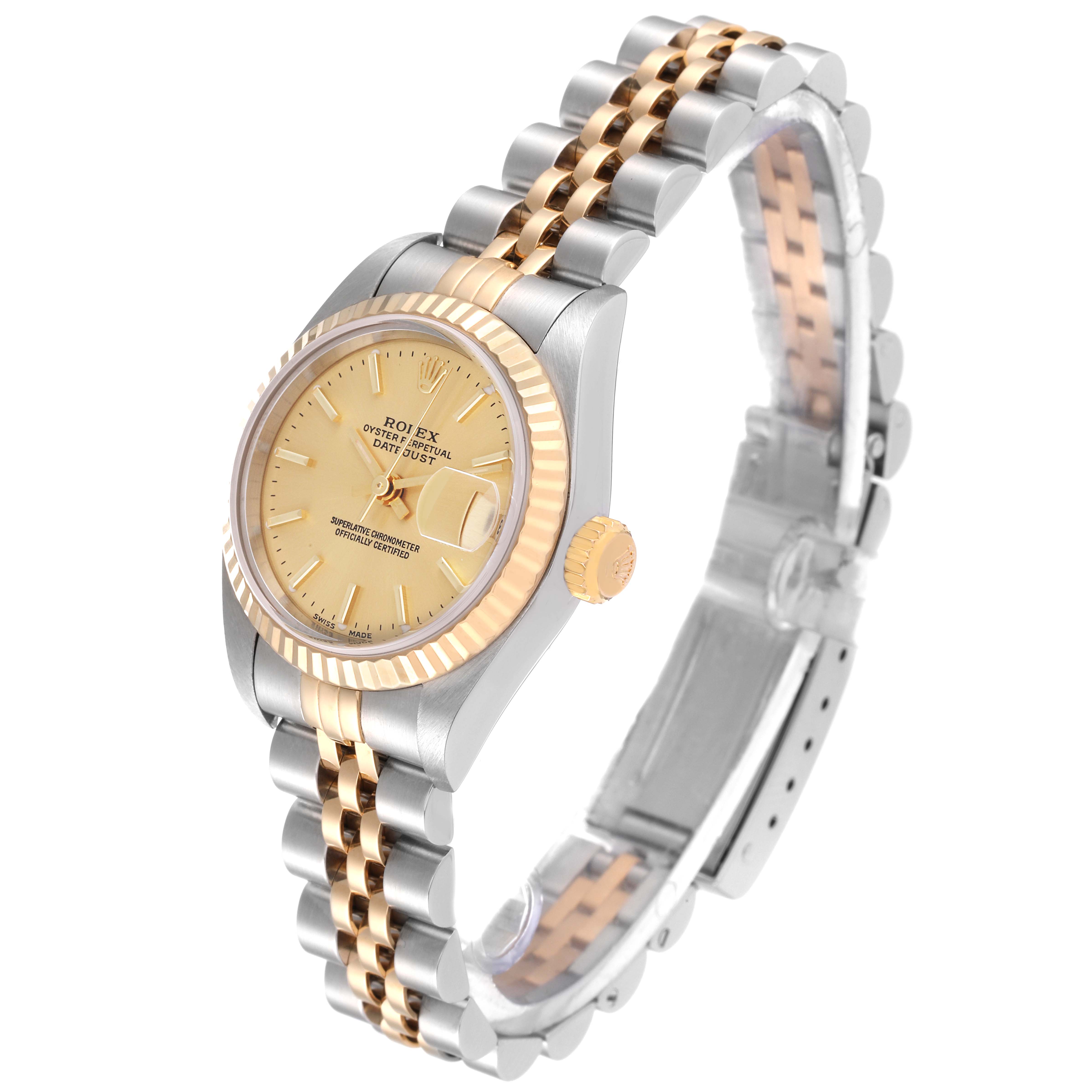 The image shows a Rolex Datejust 79173 Women's Steel and Gold (two tone) Champagne Dial 79173 Women's Steel and Gold (two tone) Champagne Dial watch at a slight angle, displaying the dial, crown, bezel, and bracelet.