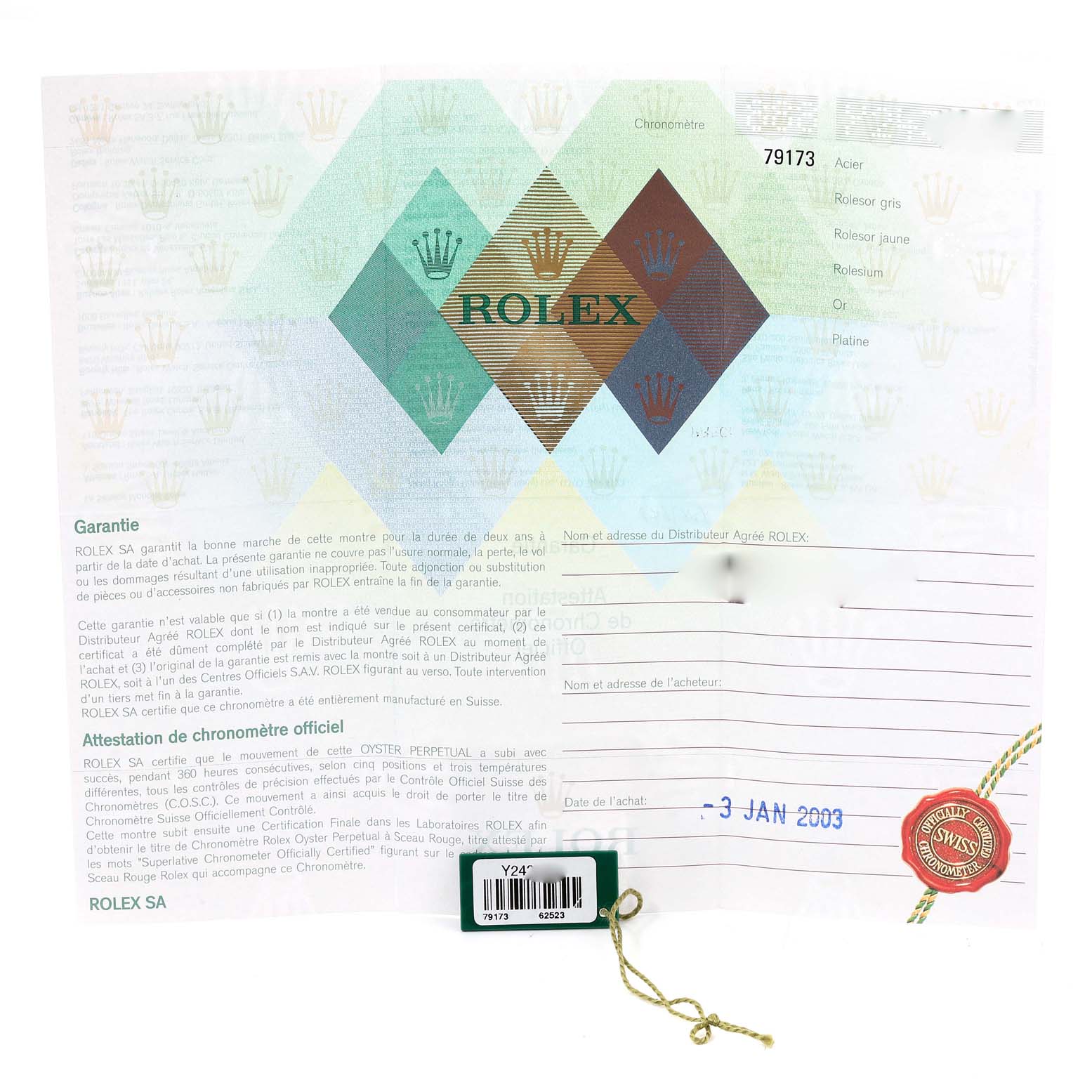 The image shows the certification and guarantee card for a Rolex Datejust 79173 Women's Steel and Gold (two tone) Champagne Dial 79173 Women's Steel and Gold (two tone) Champagne Dial watch, featuring the brand's logo and warranty details.