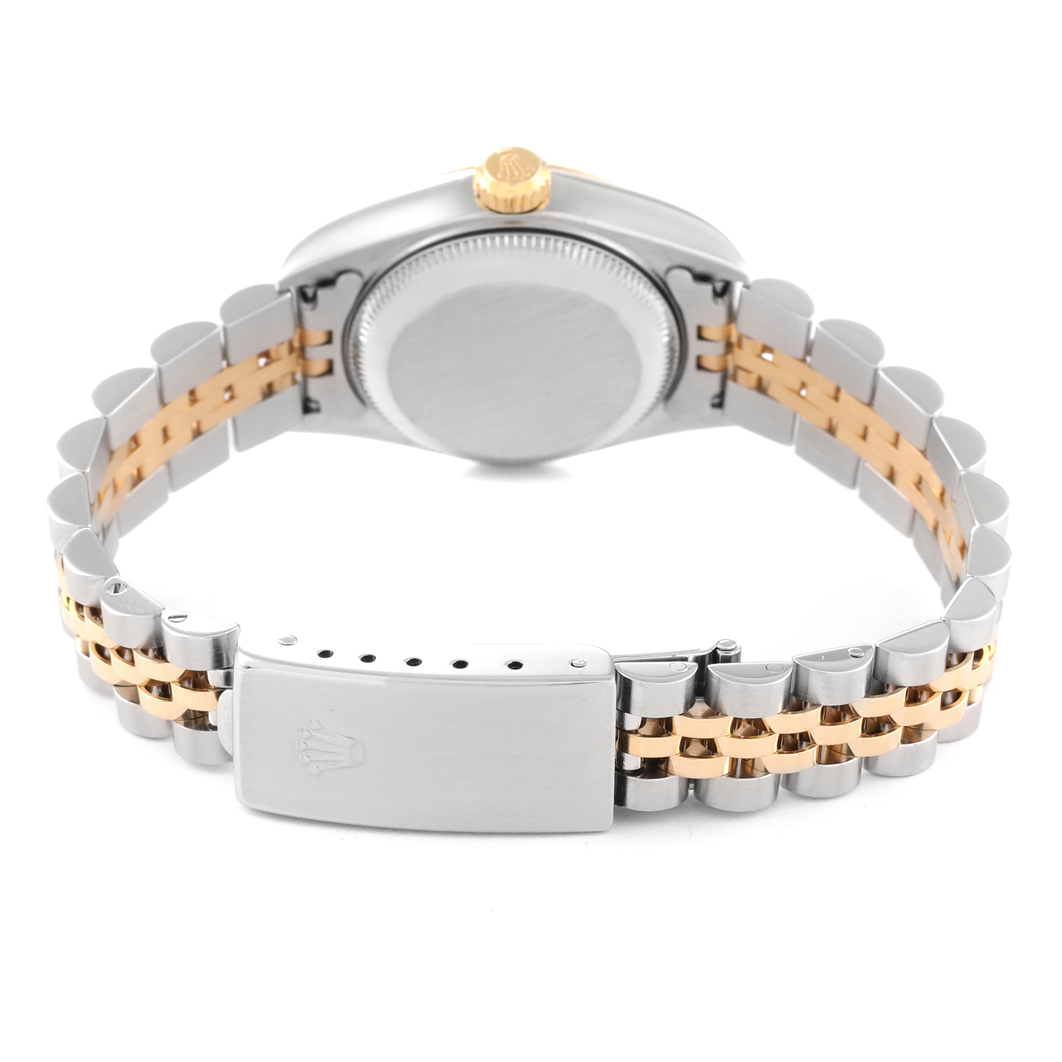 The image shows the back view of a Rolex Datejust 79173 Women's Steel and Gold (two tone) Champagne Dial 79173 Women's Steel and Gold (two tone) Champagne Dial watch, highlighting its two-tone bracelet and clasp.