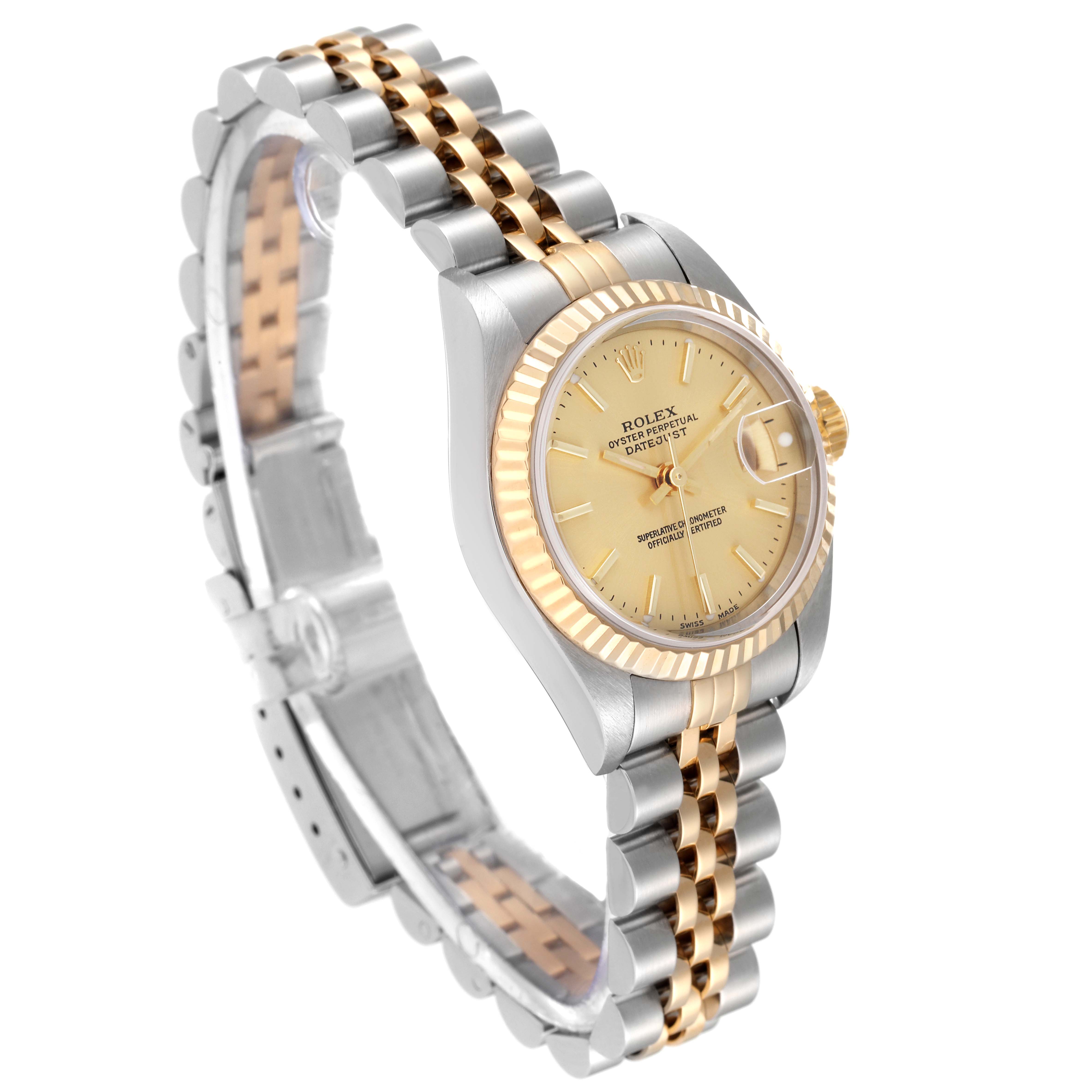 The Rolex Datejust 79173 Women's Steel and Gold (two tone) Champagne Dial 79173 Women's Steel and Gold (two tone) Champagne Dial watch is shown at a three-quarter angle, highlighting the dial, case, bezel, and two-tone bracelet.