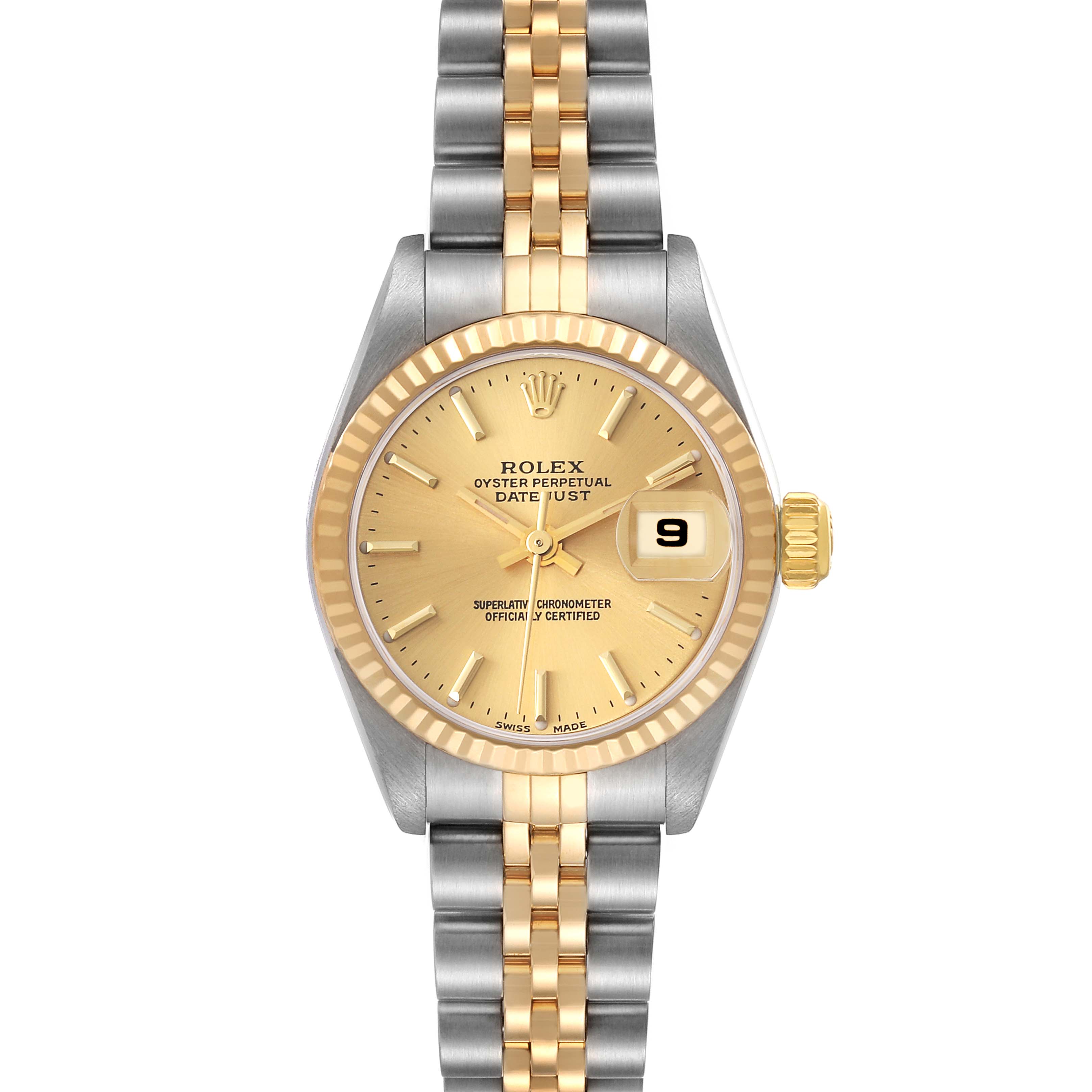 This is a front view of a Rolex Datejust 79173 Women's Steel and Gold (two tone) Champagne Dial 79173 Women's Steel and Gold (two tone) Champagne Dial watch, showing the dial, bezel, and bracelet.
