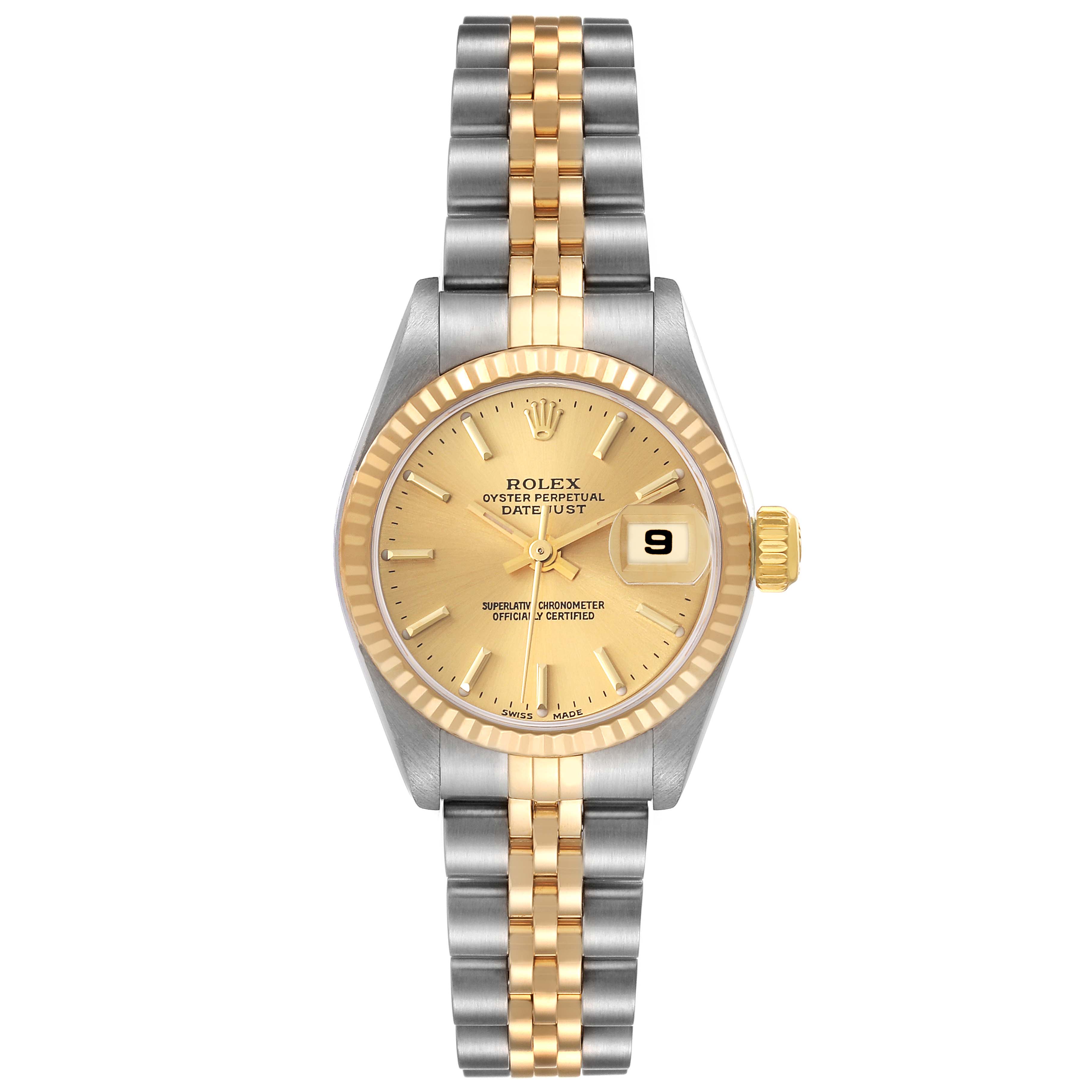 The image shows a frontal view of the Rolex Datejust 79173 Women's Steel and Gold (two tone) Champagne Dial 79173 Women's Steel and Gold (two tone) Champagne Dial watch, highlighting its gold and silver bracelet, champagne dial, and date window.