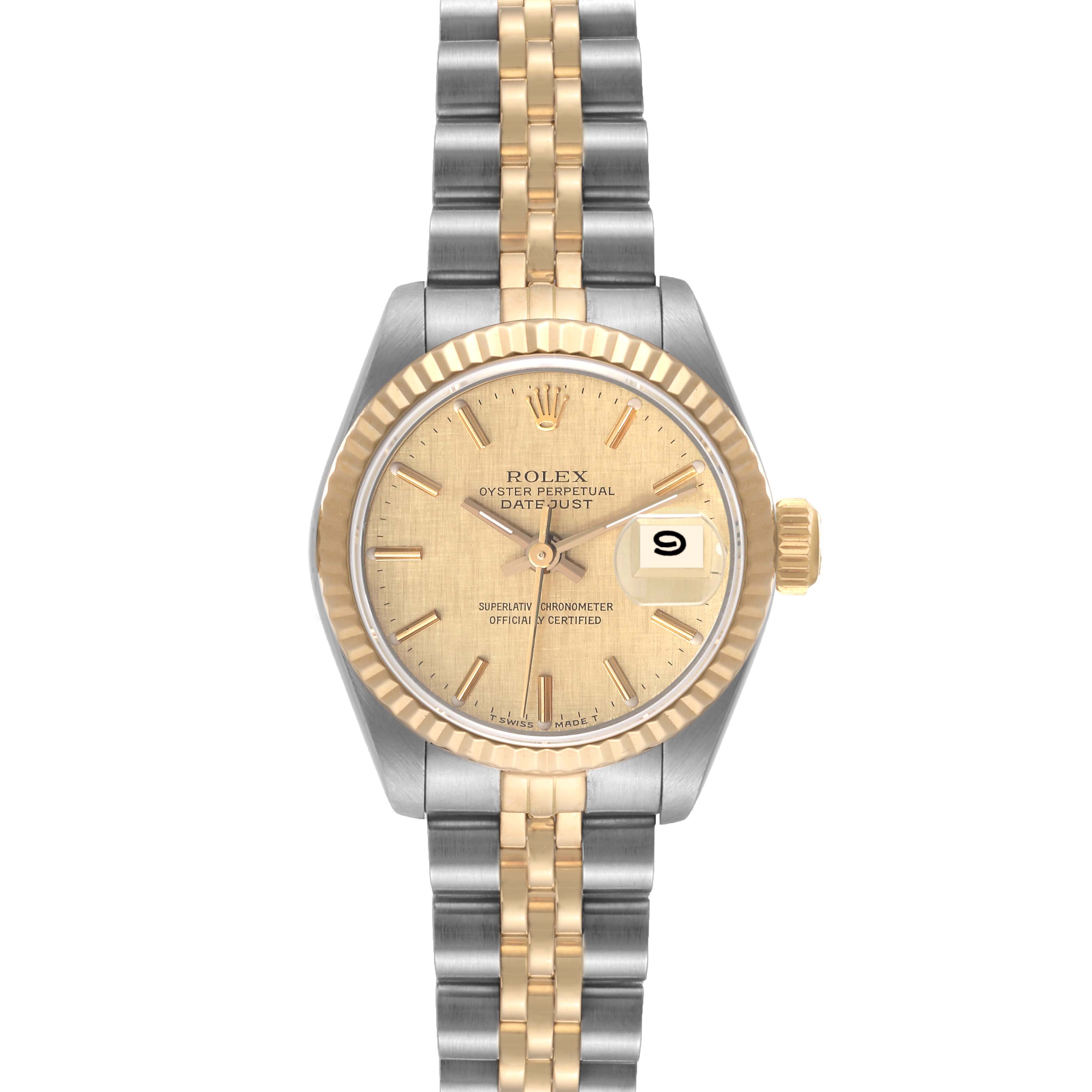 The watch is a Rolex Datejust 69173 Women's Steel and Gold (two tone) Champagne Dial 69173 Women's Steel and Gold (two tone) Champagne Dial model shown from the front, displaying the face, bezel, and two-tone bracelet.