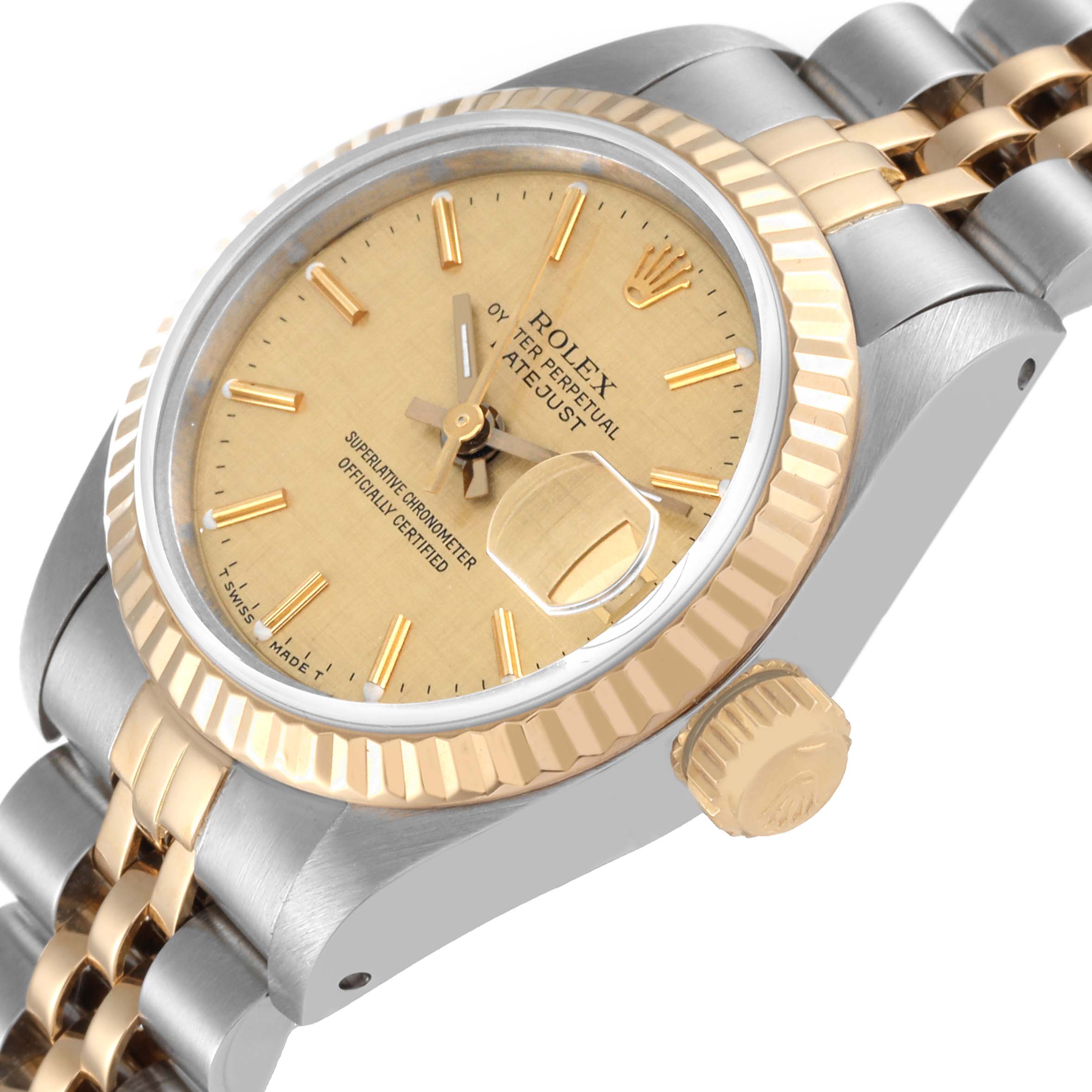 The image shows a close-up angle of a Rolex Datejust 69173 Women's Steel and Gold (two tone) Champagne Dial 69173 Women's Steel and Gold (two tone) Champagne Dial watch, highlighting the dial, bezel, crown, and part of the bracelet.