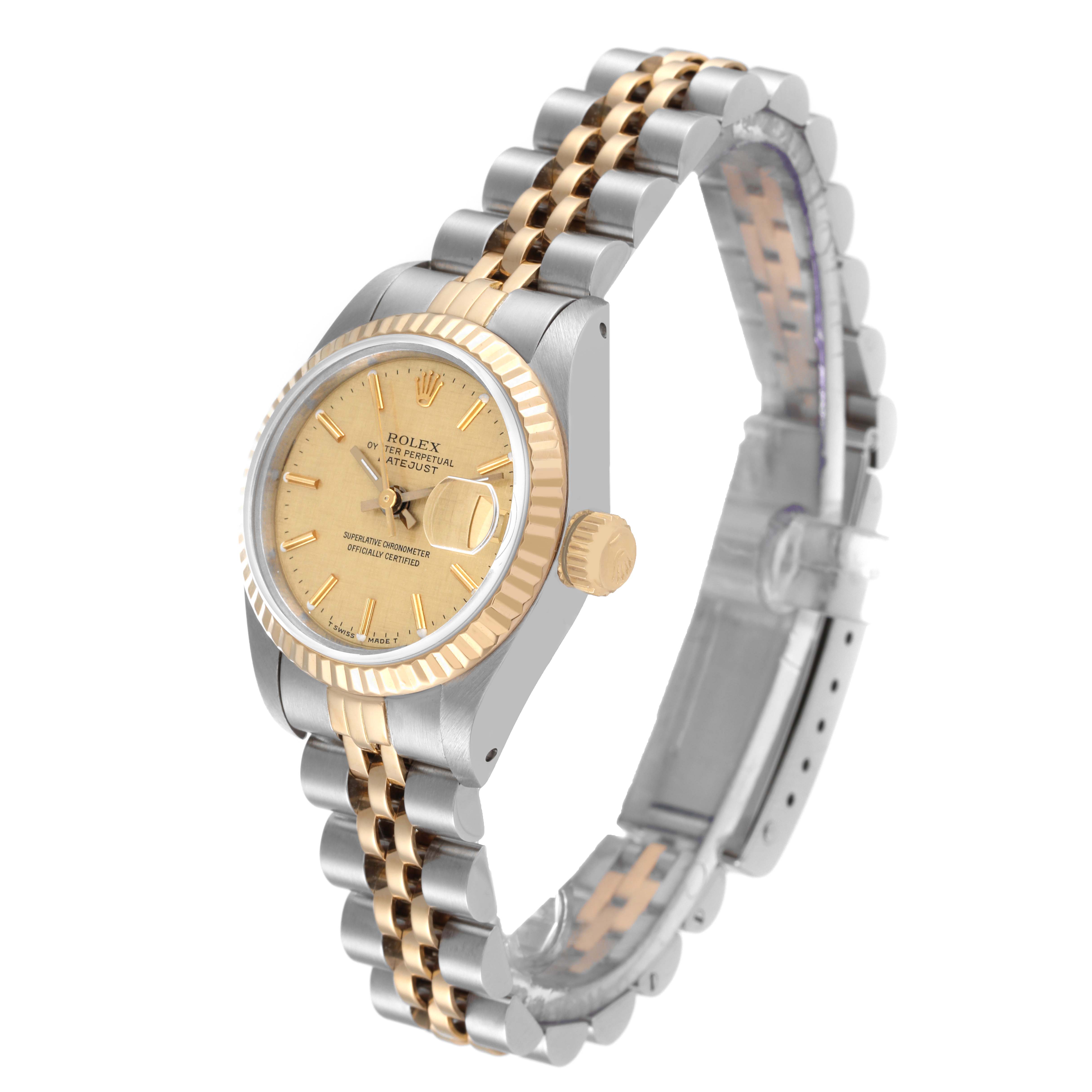 The Rolex Datejust 69173 Women's Steel and Gold (two tone) Champagne Dial 69173 Women's Steel and Gold (two tone) Champagne Dial watch is shown at an angle highlighting the dial, fluted bezel, crown, and two-tone jubilee bracelet.