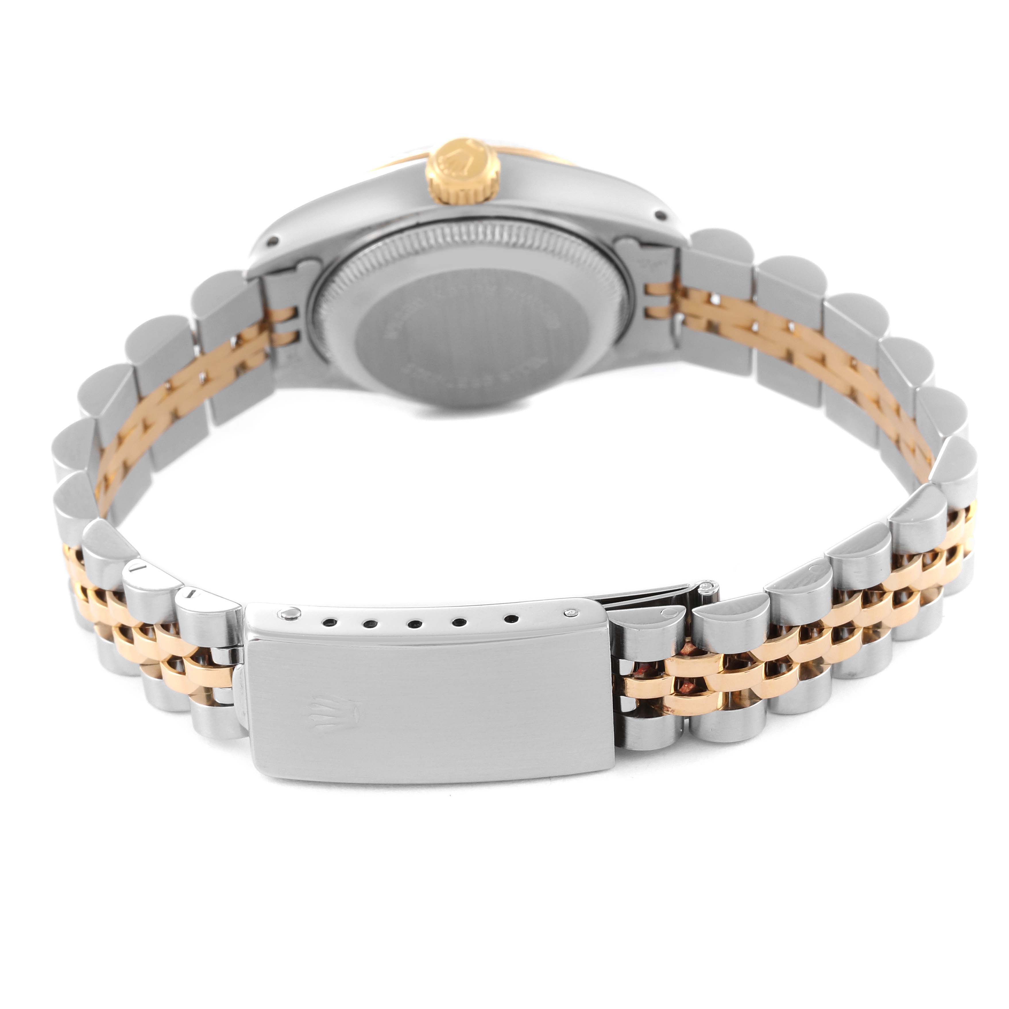 The image shows the back view of a Rolex Datejust 69173 Women's Steel and Gold (two tone) Champagne Dial 69173 Women's Steel and Gold (two tone) Champagne Dial watch, highlighting the case back, crown, and two-tone Jubilee bracelet.