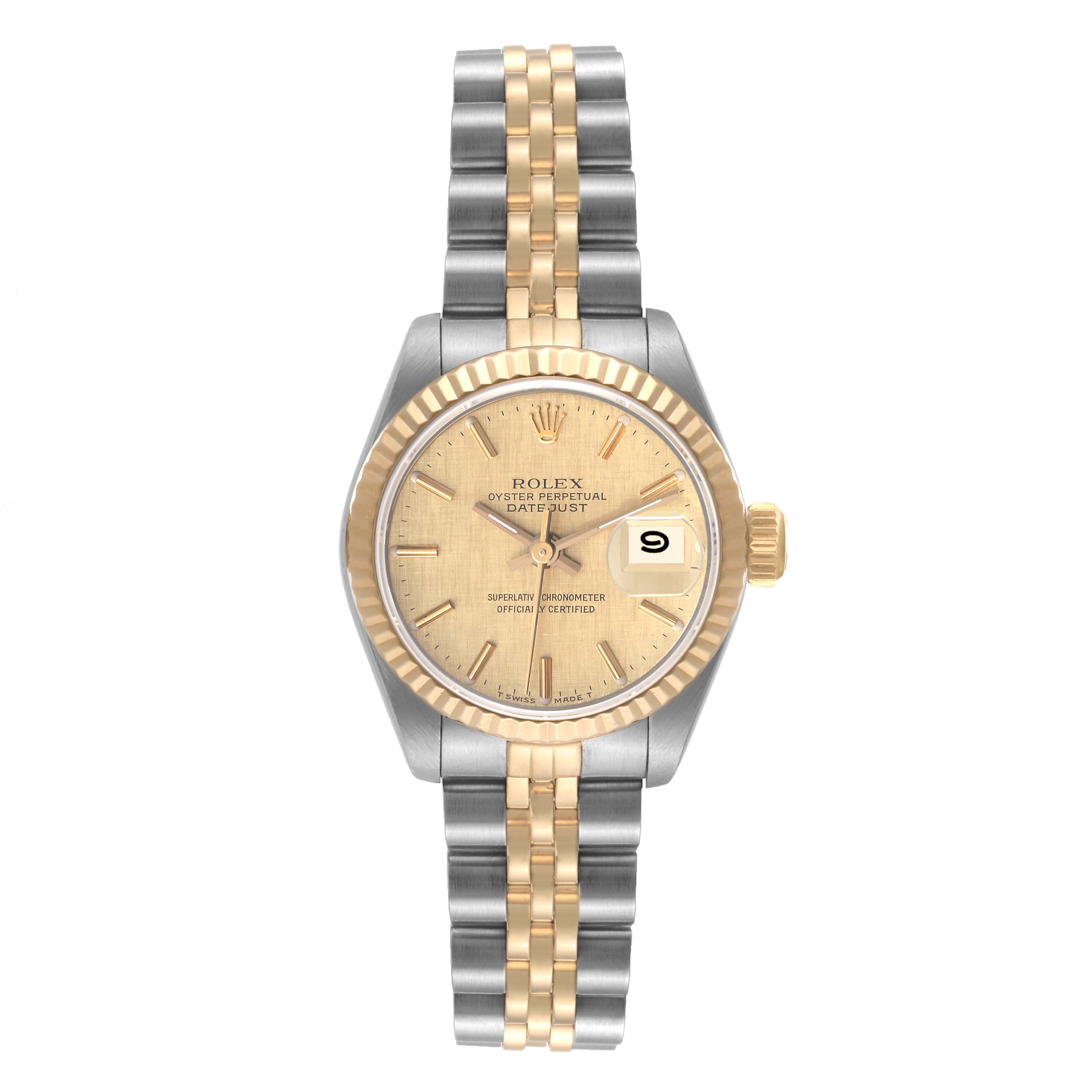 This image shows a frontal view of a Rolex Datejust 69173 Women's Steel and Gold (two tone) Champagne Dial 69173 Women's Steel and Gold (two tone) Champagne Dial watch with a two-tone bracelet and a champagne dial.