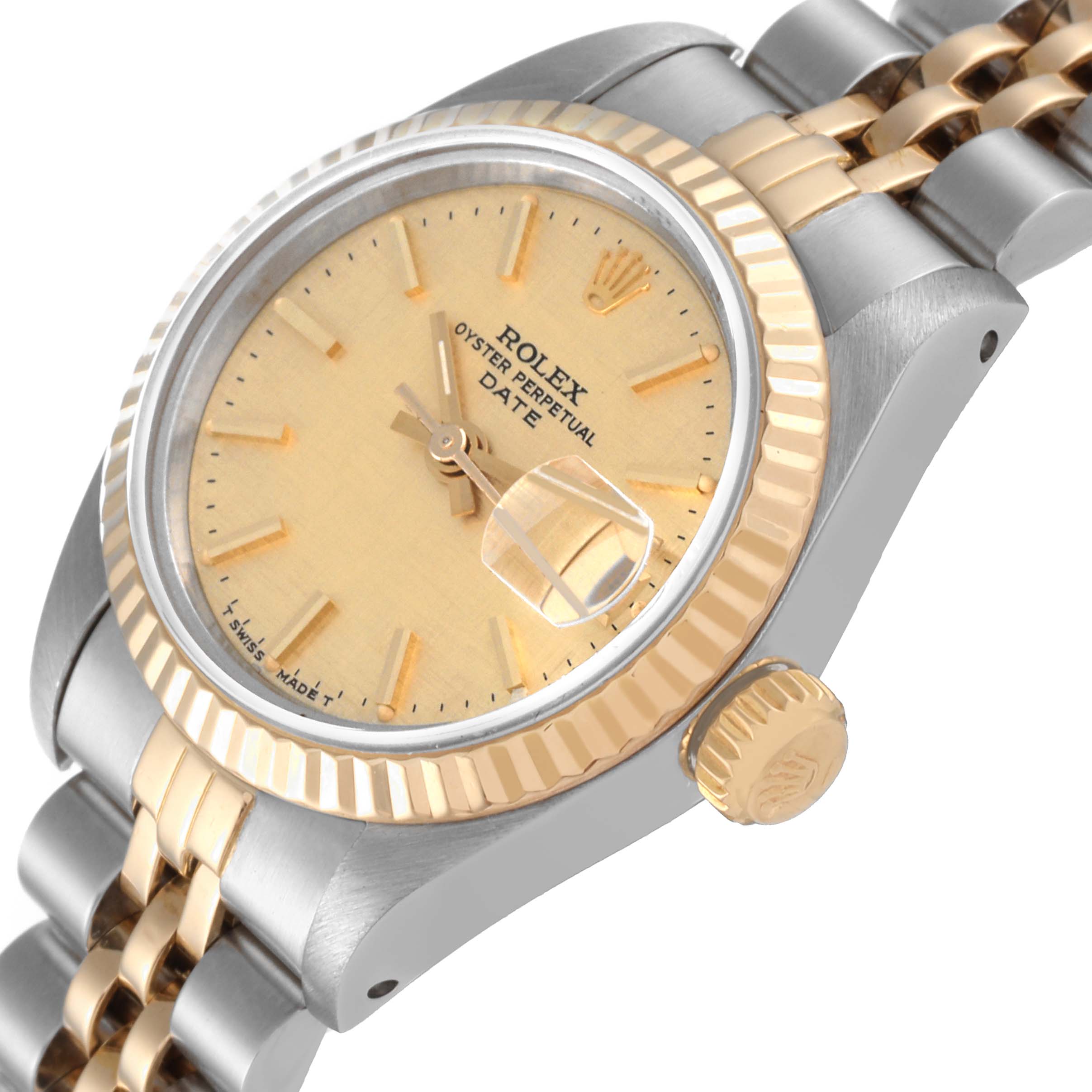 The image shows a close-up angle of the Rolex Datejust 69173 Women's Steel and Gold (two tone) Champagne Dial 69173 Women's Steel and Gold (two tone) Champagne Dial watch, highlighting the face, bezel, crown, and bracelet.