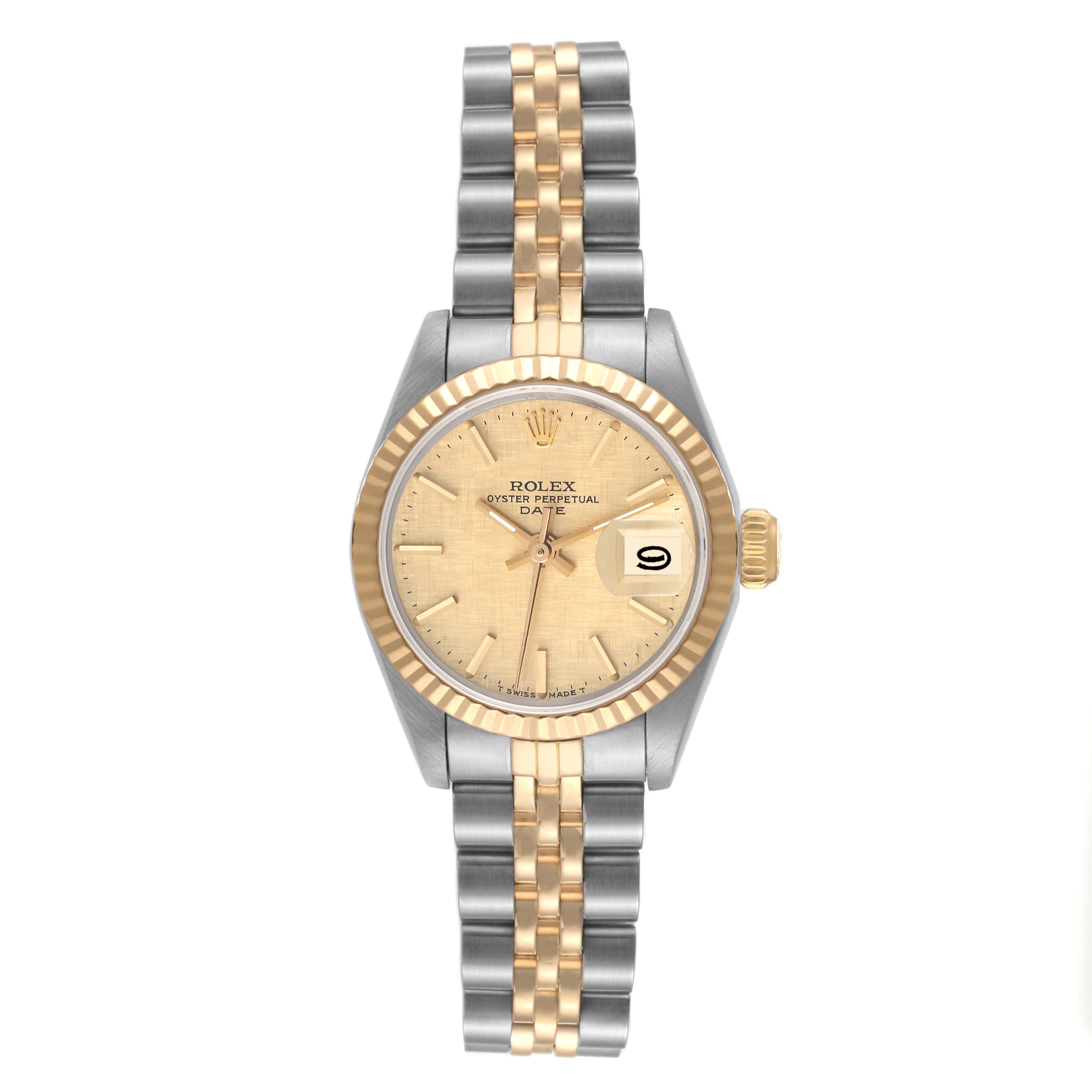 The image shows a Rolex Datejust 69173 Women's Steel and Gold (two tone) Champagne Dial 69173 Women's Steel and Gold (two tone) Champagne Dial watch from a frontal angle, displaying the dial, fluted bezel, and two-tone Jubilee bracelet.