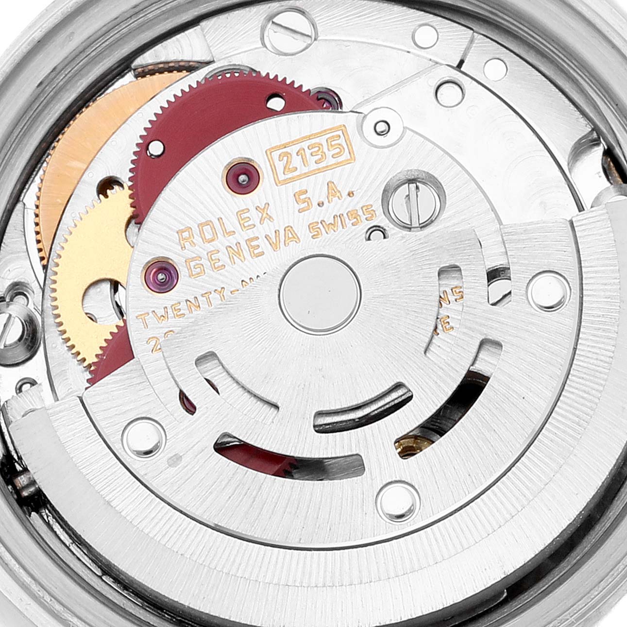 This image shows the internal mechanical movement of a Rolex Datejust 69173 Women's Steel and Gold (two tone) Champagne Dial 69173 Women's Steel and Gold (two tone) Champagne Dial watch, highlighting gears and components.