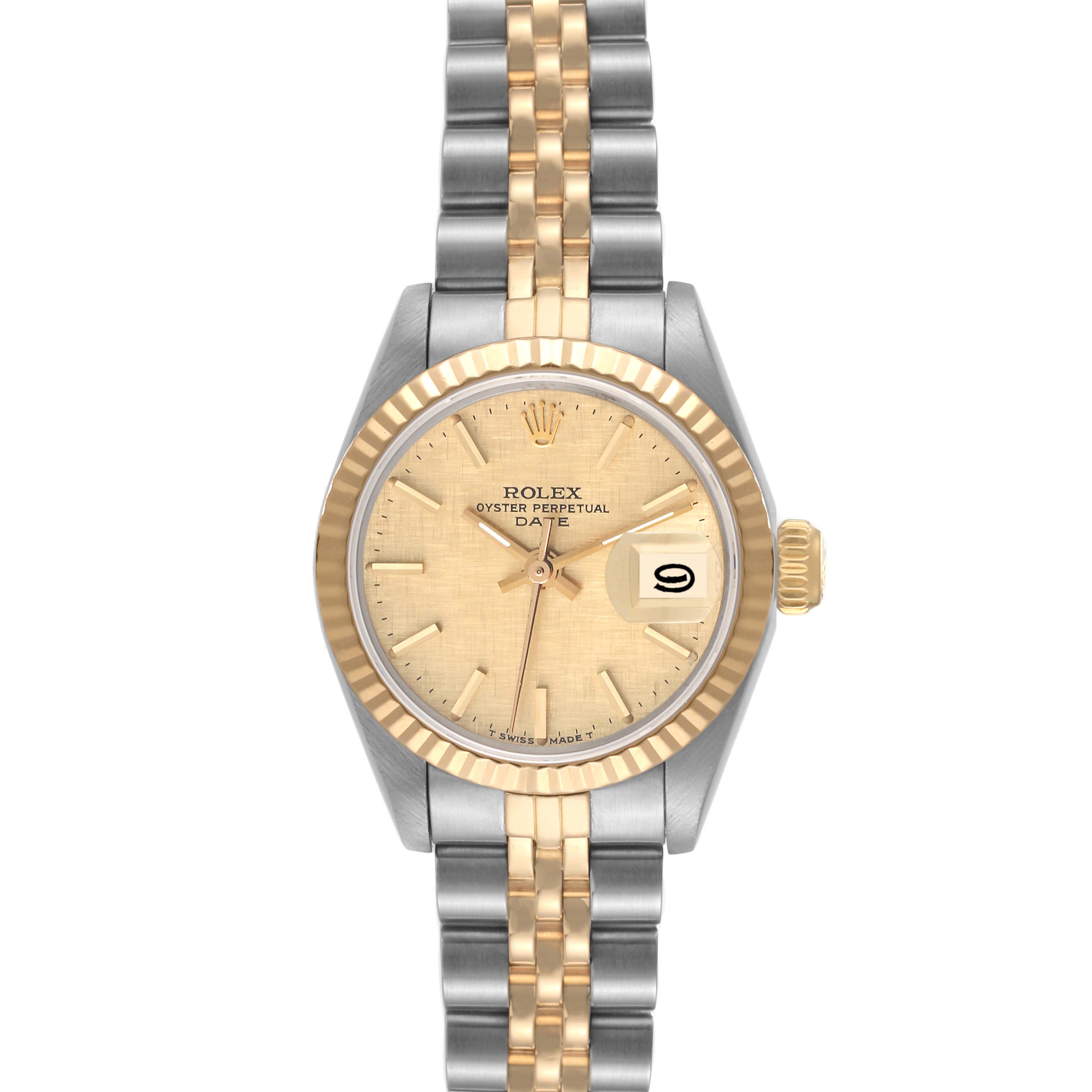 This image shows a Rolex Datejust 69173 Women's Steel and Gold (two tone) Champagne Dial 69173 Women's Steel and Gold (two tone) Champagne Dial watch from a front angle, highlighting the dial, bezel, and bracelet.